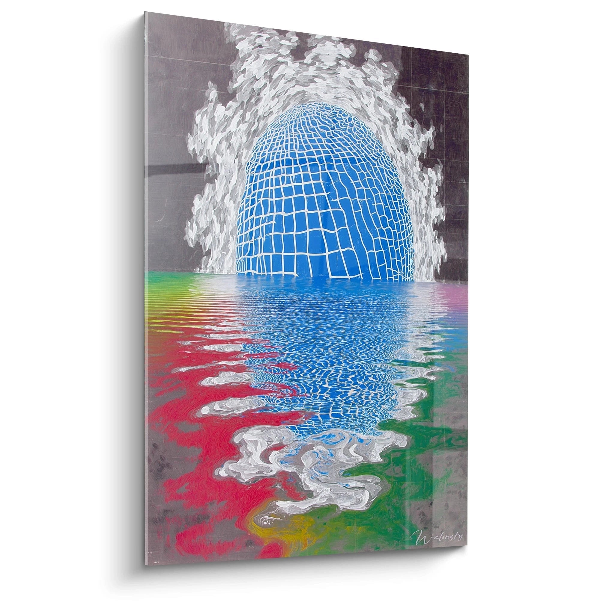 Tableau mural Walensky tableau op art abstrait montrant une bulle bleue en grille et reflet coloré sur la surface de l eau