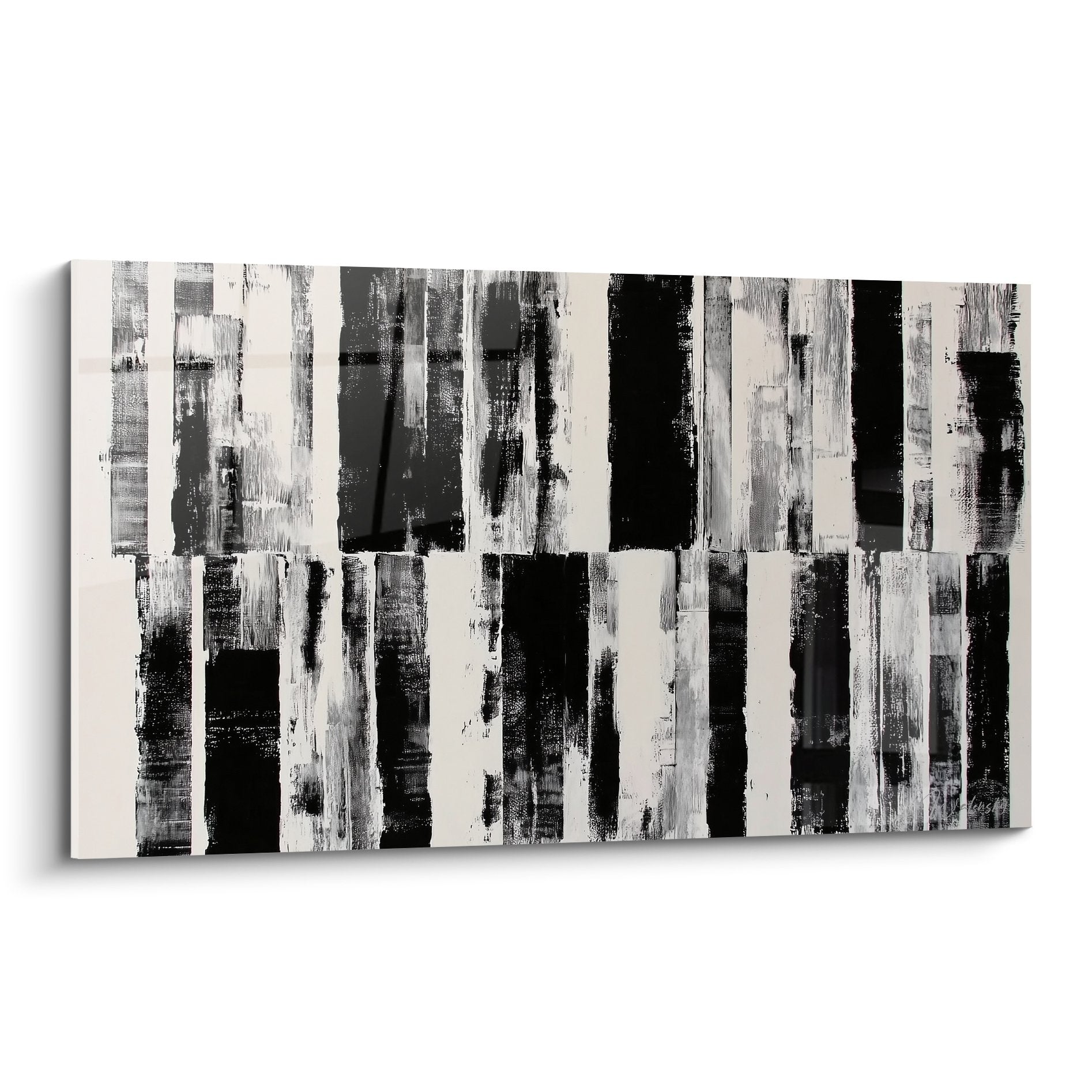 Tableau abstrait aux rayures verticales noir blanc gris avec textures brossees feng shui ouest metal