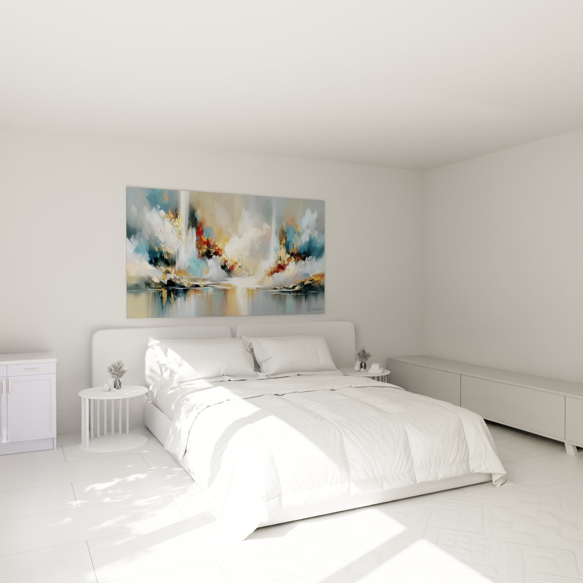 Nuances bleu pastel et doré se reflétant comme sur l'eau, au-dessus d'un lit dans une chambre claire