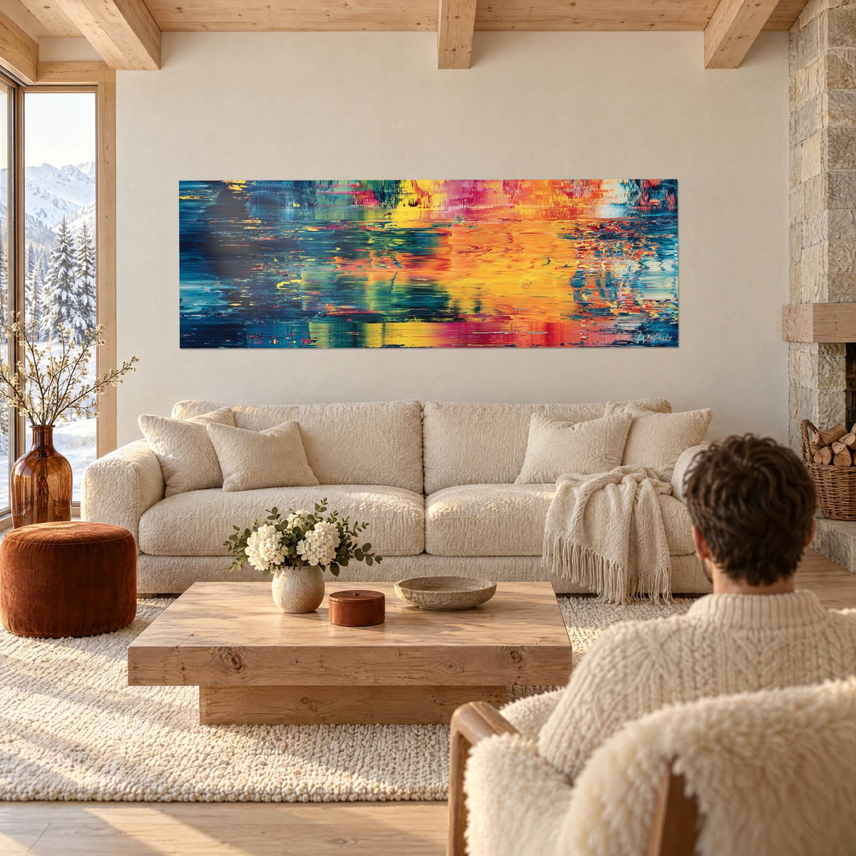 Tableau reflets d'eau orange et bleu canard, coulures raclées à l'horizontale, une personne de dos, au-dessus d'un canapé dans un salon lumineux