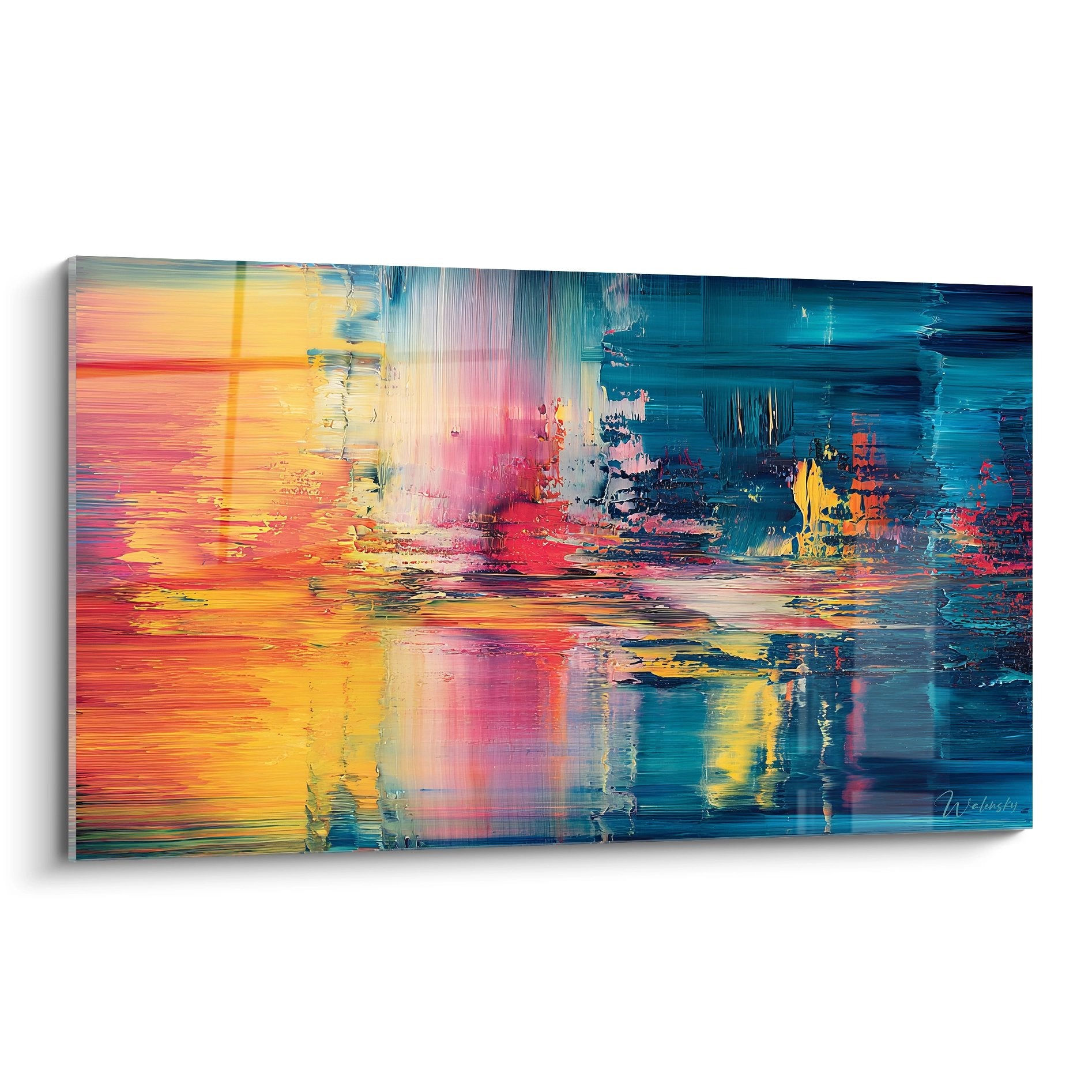 Tableau abstrait style raclé aux reflets colorés orange bleu rose sur toile moderne