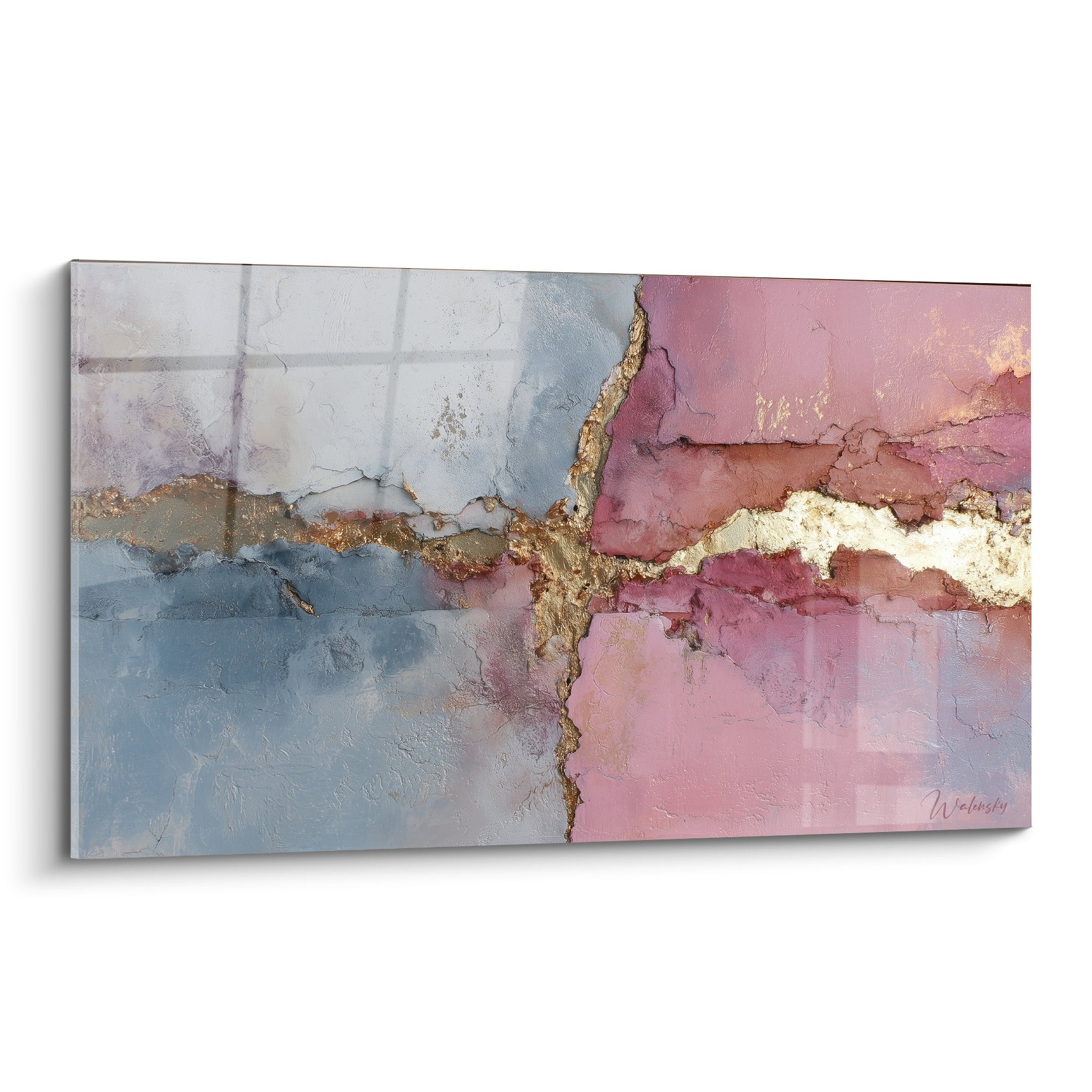 Tableau abstrait aux teintes roses et bleues avec veines dorees craquelees sur toile texturee