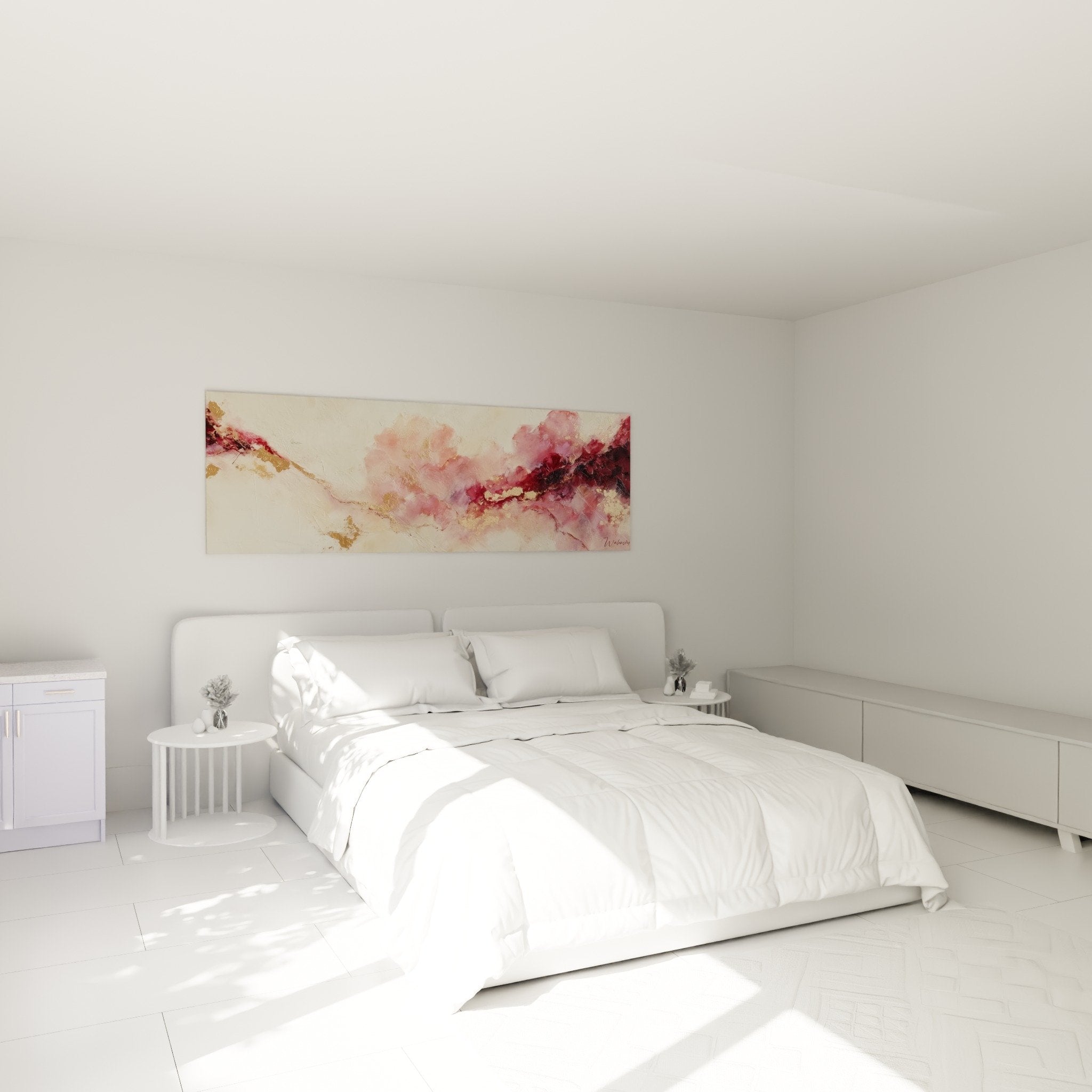 Tableau abstrait rose et or harmonieux dans chambre moderne aux tons doux feng shui sud-ouest terre