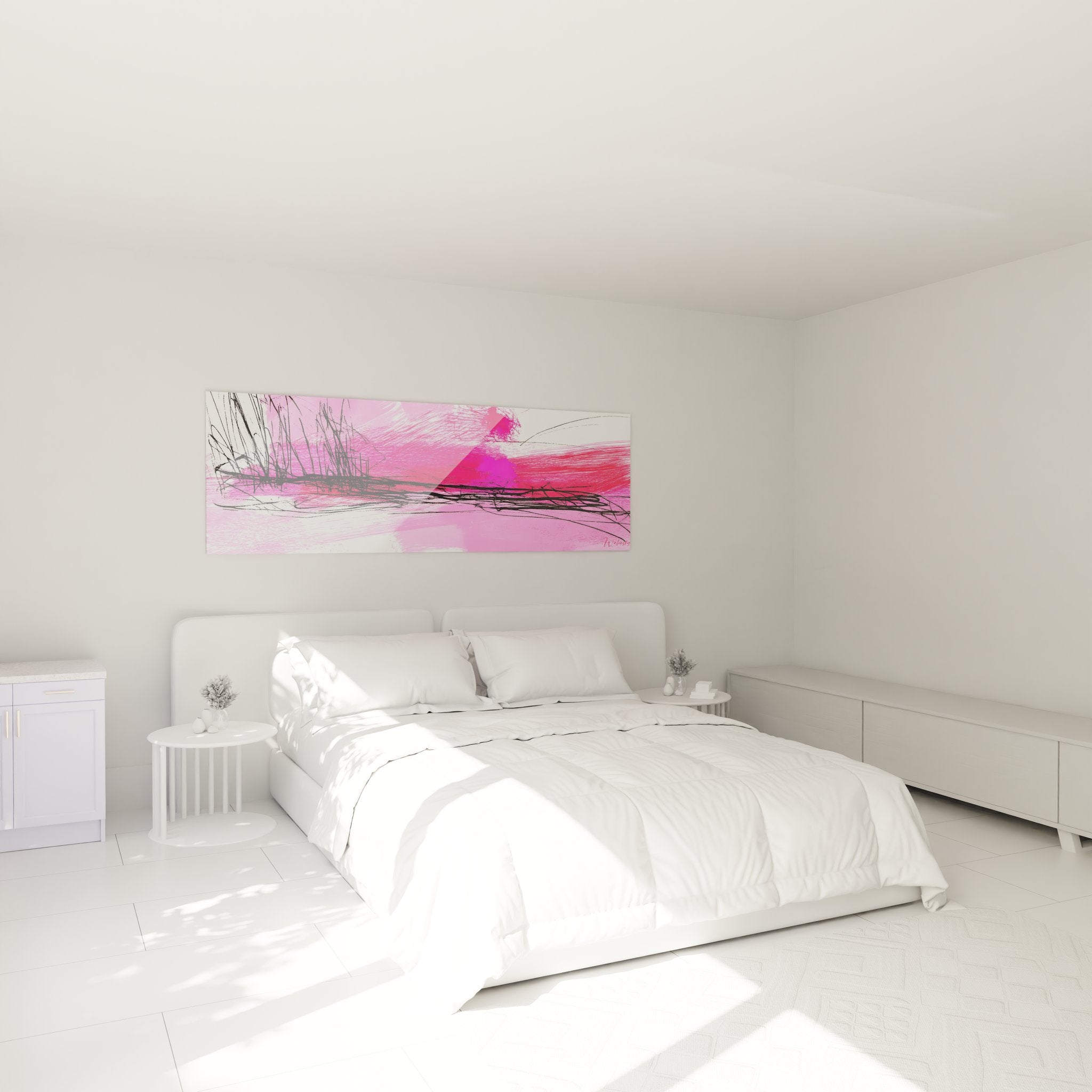 Tableau abstrait rose installé dans une chambre moderne, ambiance décorative contemporaine avec art mural coloré