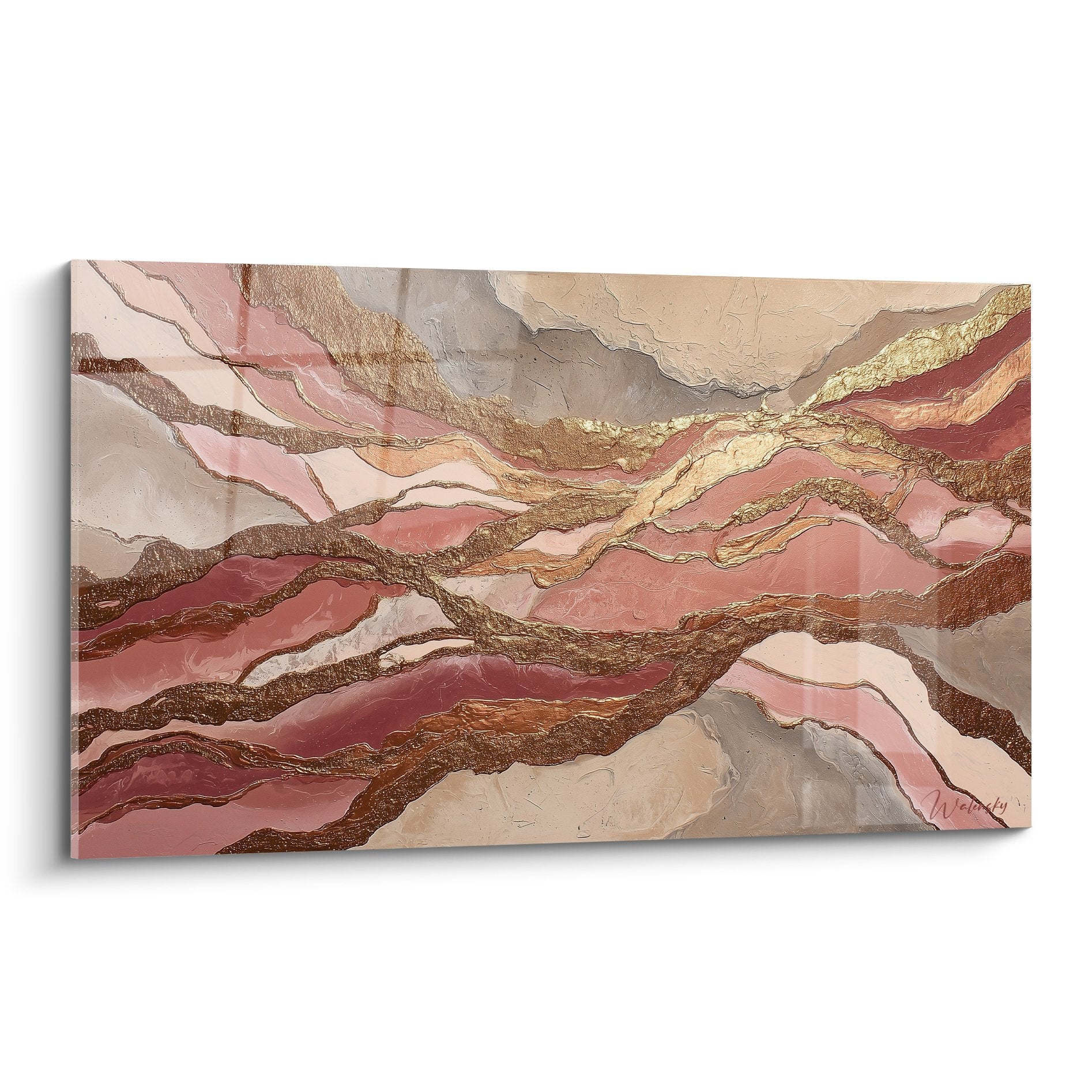 Modern abstract painting with pink gold tones fluid textures mineral feng shui earth center