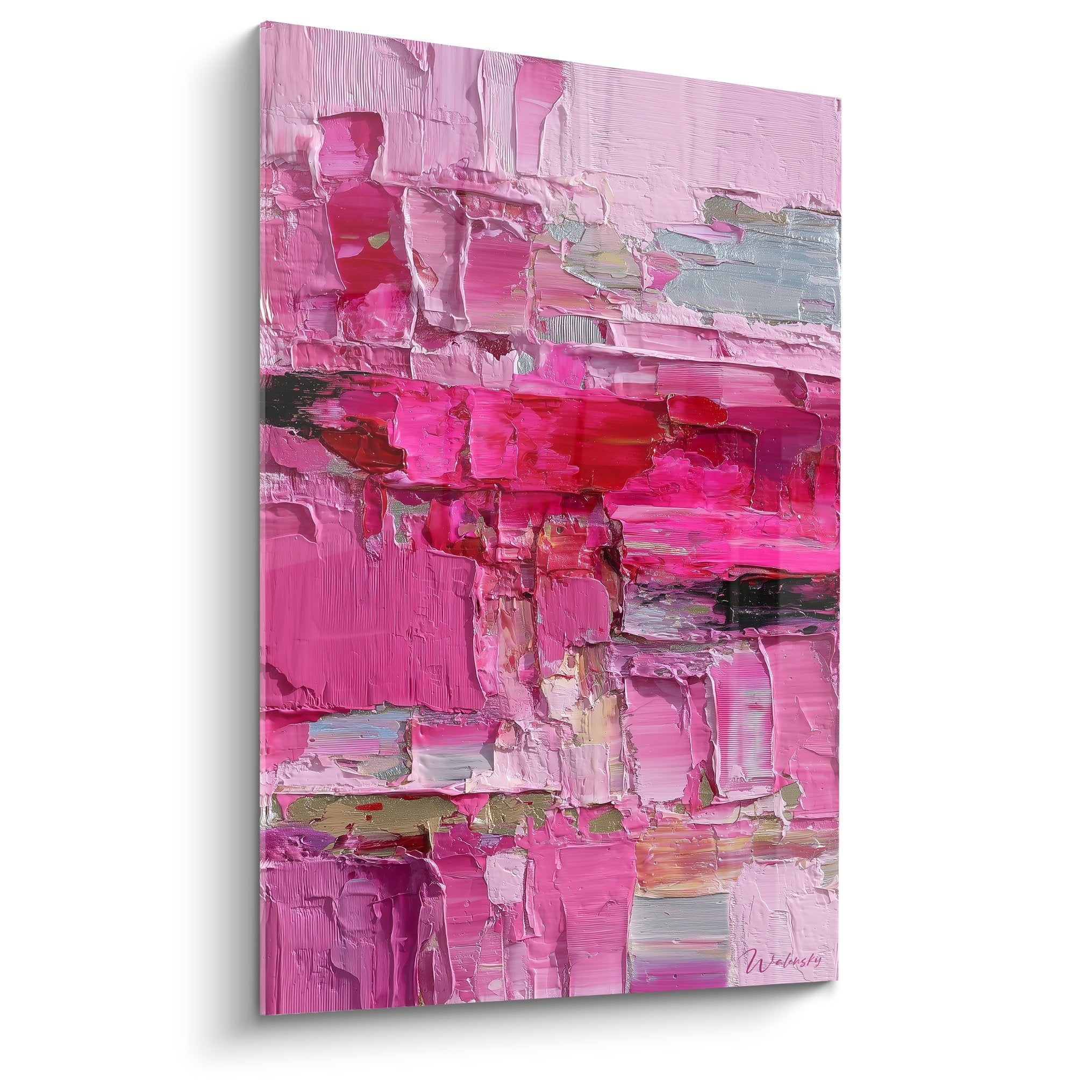 Tableau abstrait contemporain aux empâtements roses et fuchsia, technique expressive sur toile moderne