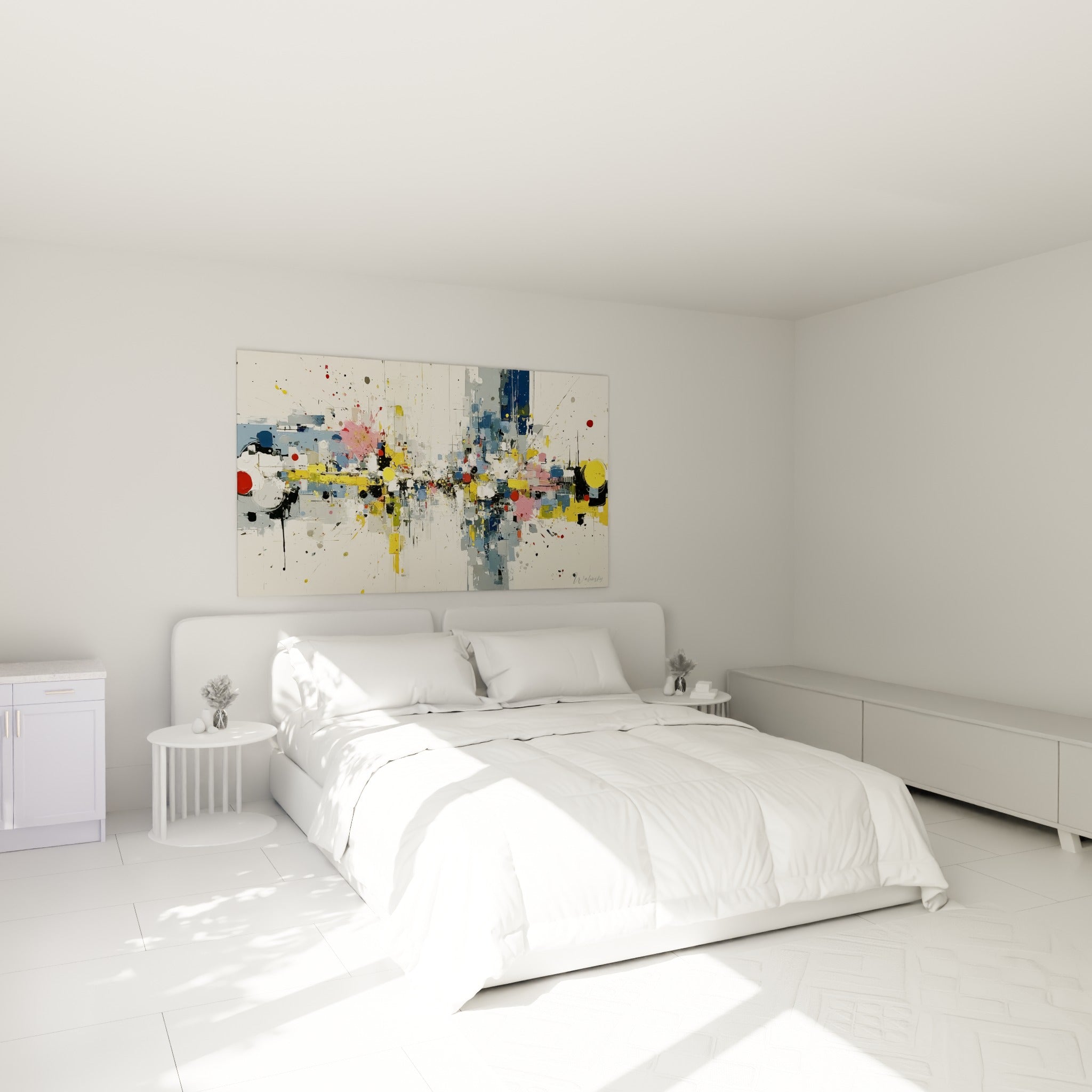 Explosion picturale jaune, rose et bleu marine accrochée au-dessus d'un lit dans une chambre claire