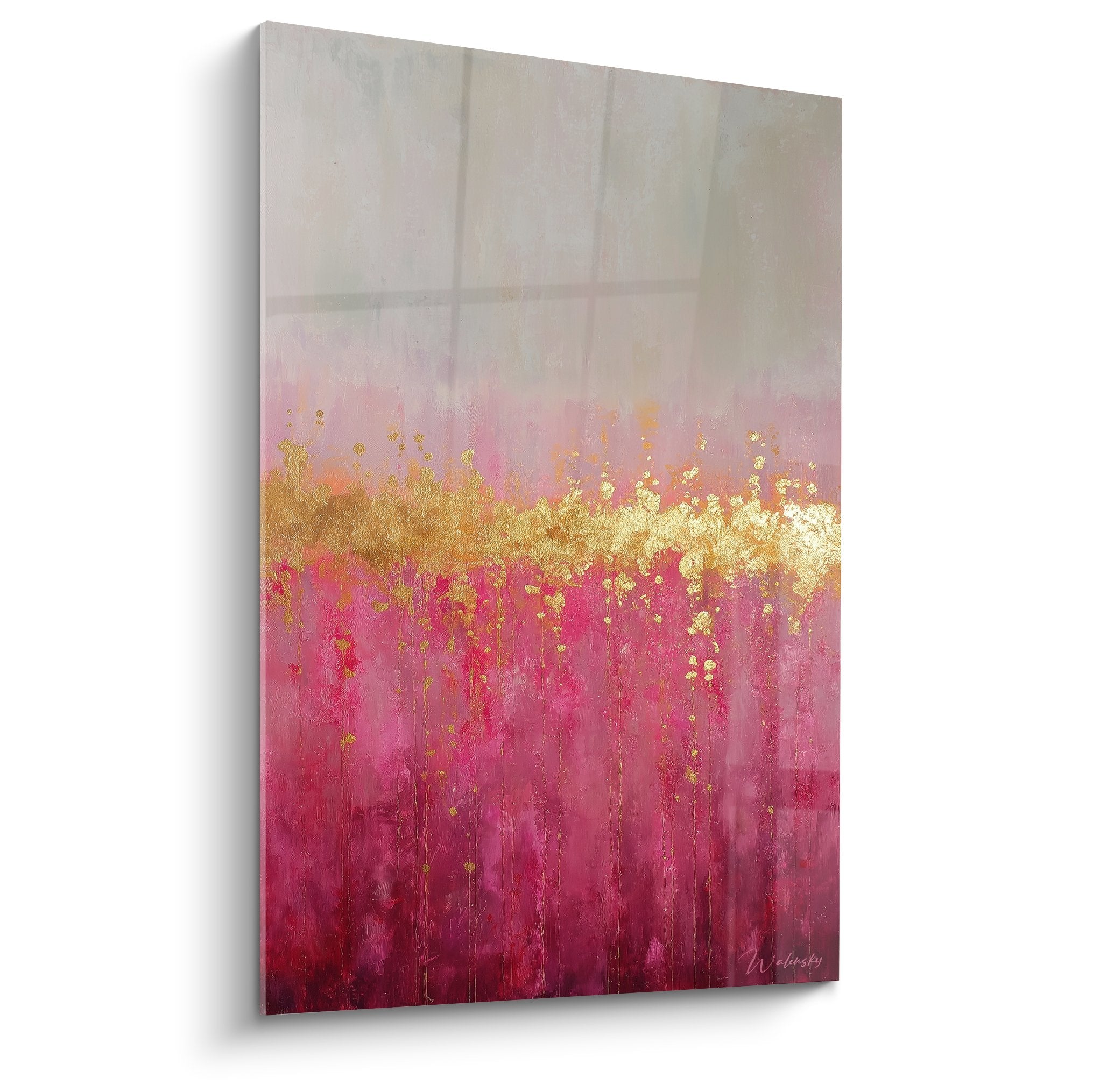 Tableau abstrait dégradé vertical rose magenta avec accents dorés feng shui sud-ouest terre