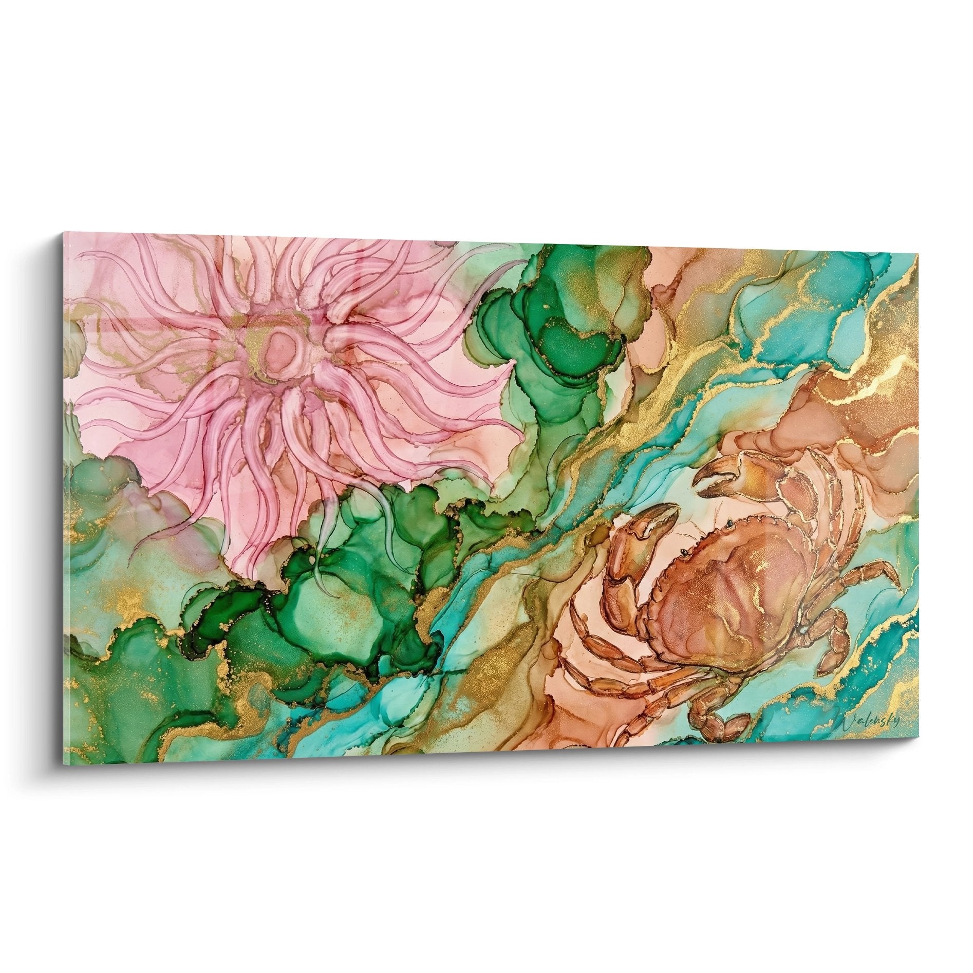 abstraktes Gemälde rosa türkis goldene Farben modernes Fluid Art Krabben-Edition Wanddekoration