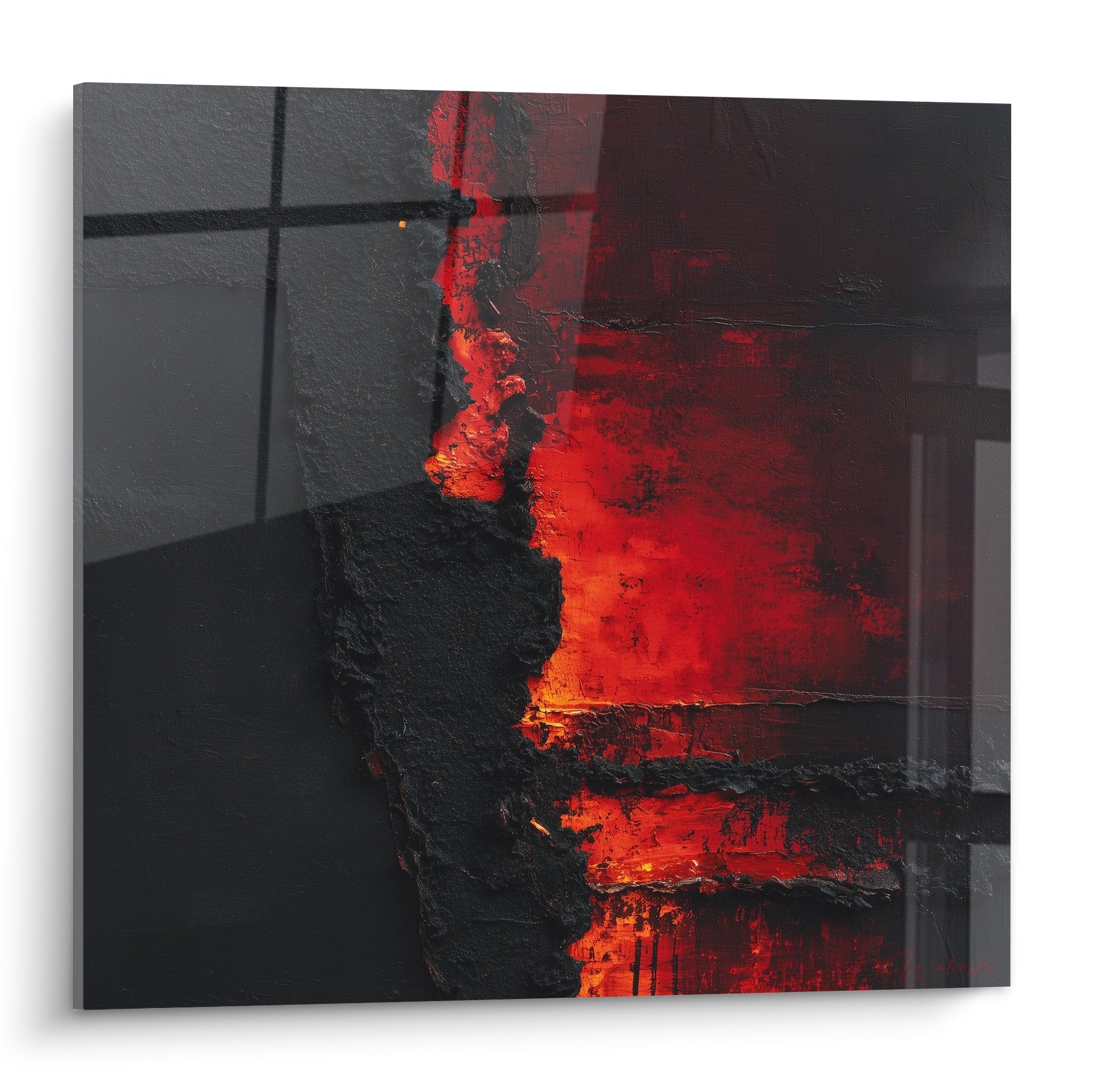 Tableau abstrait rouge et noir avec textures epaisses et eclats lumineux feng shui sud feu