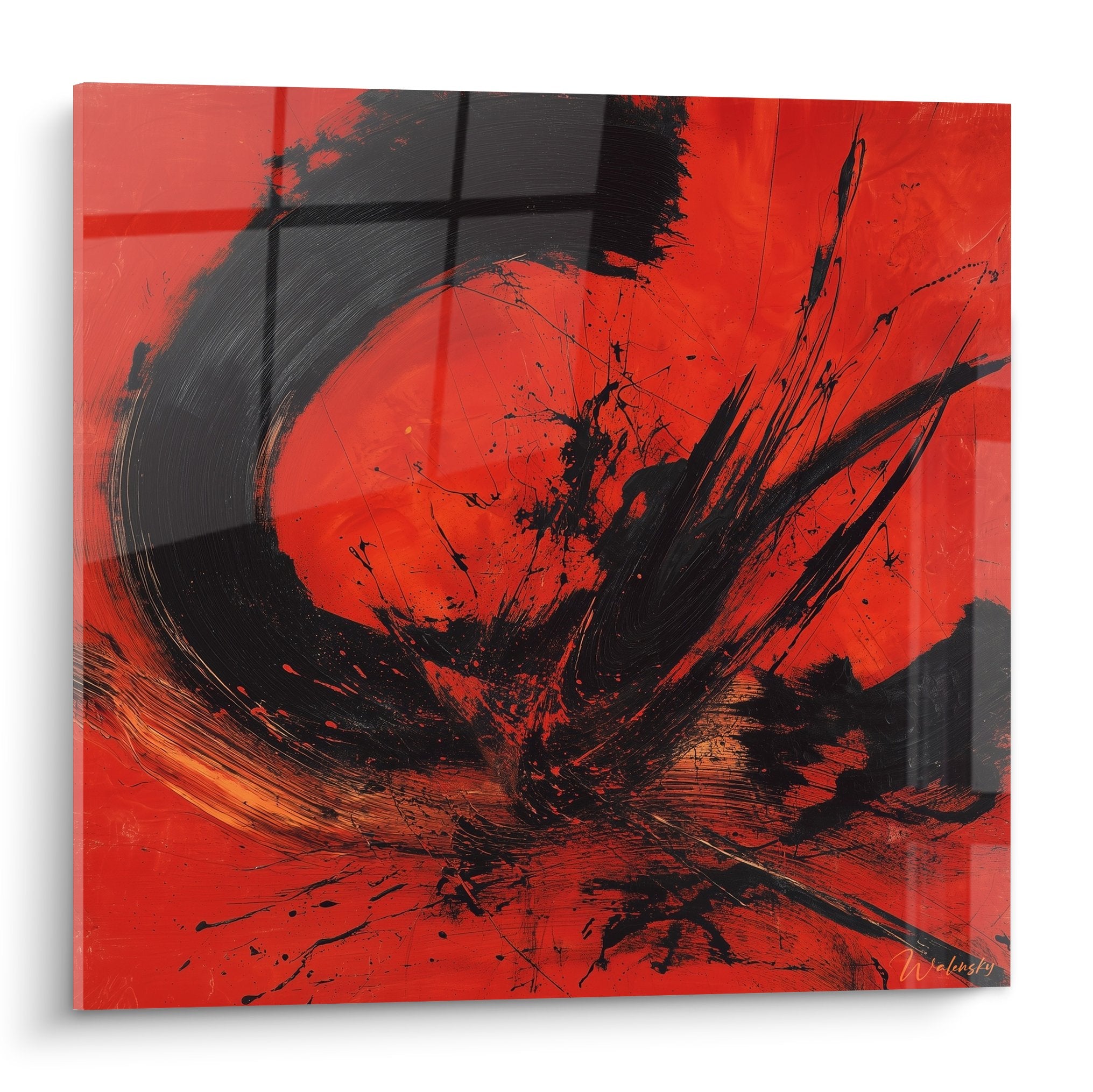Tableau abstrait rouge vermillon avec projections encre noire traits explosifs feng shui sud feu