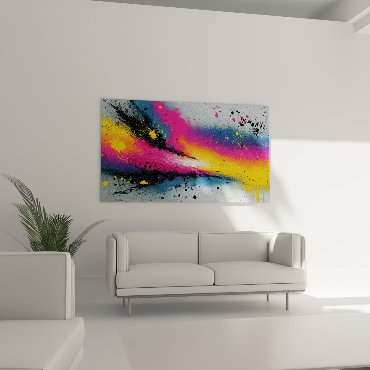 Vagues de couleurs vives rose et jaune au-dessus d'un canapé dans un salon lumineux