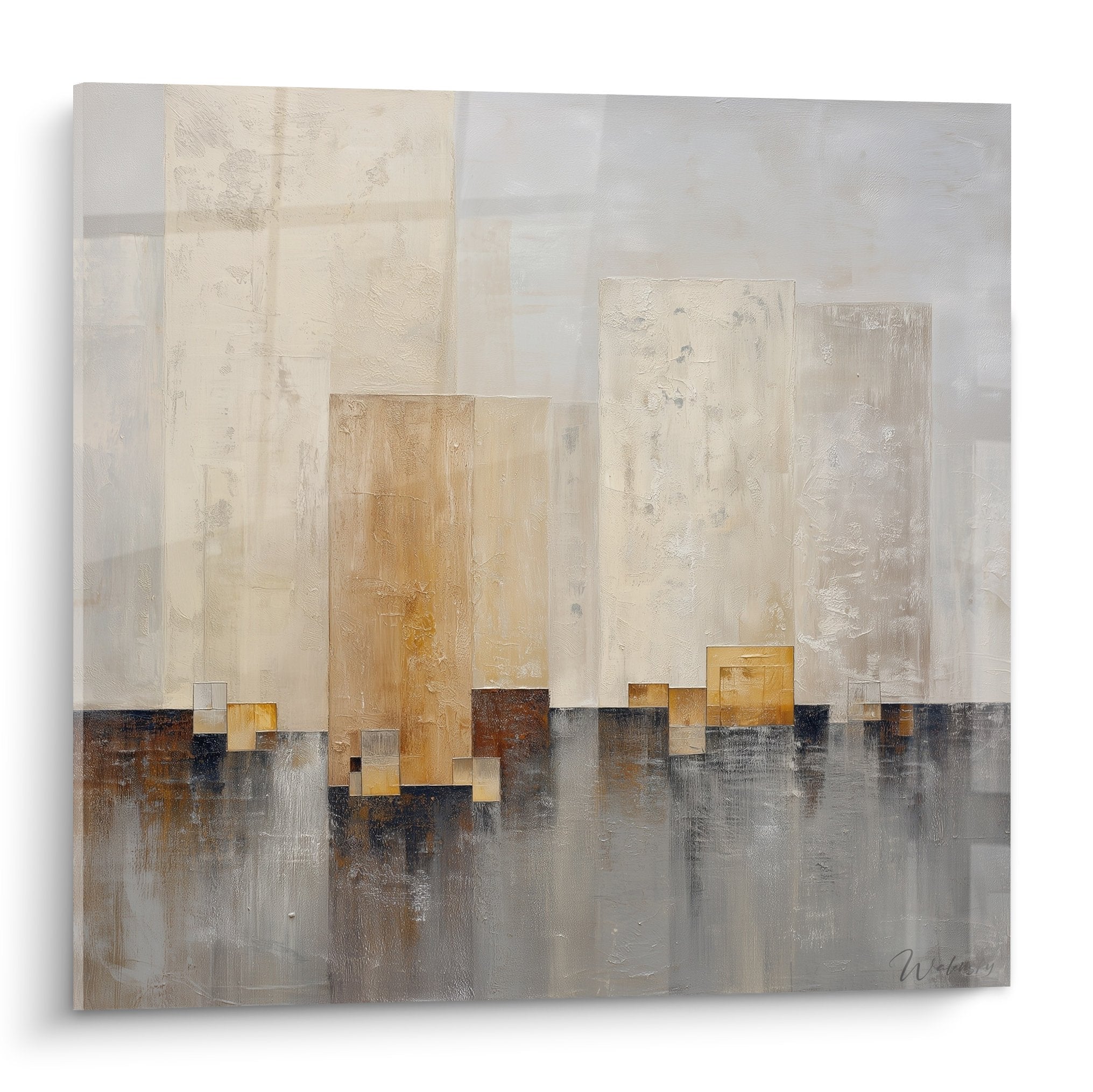Abstract skyline painting gold gray feng shui west metal metropolis ethereal geometric