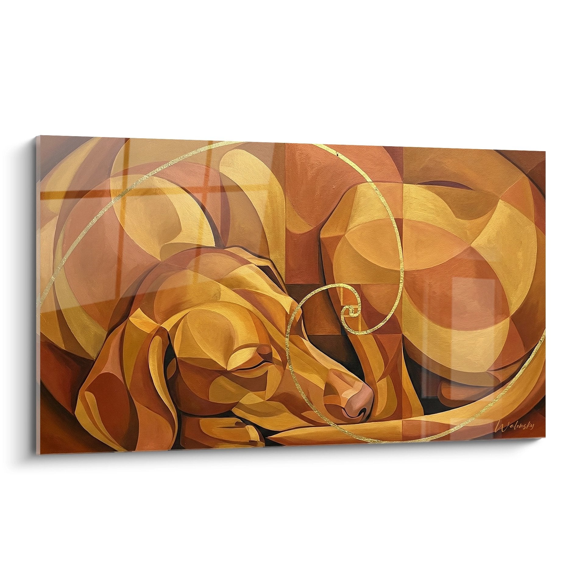 Tableau abstrait aux spirales dorées et oranges, composition géométrique moderne avec effets de transparence