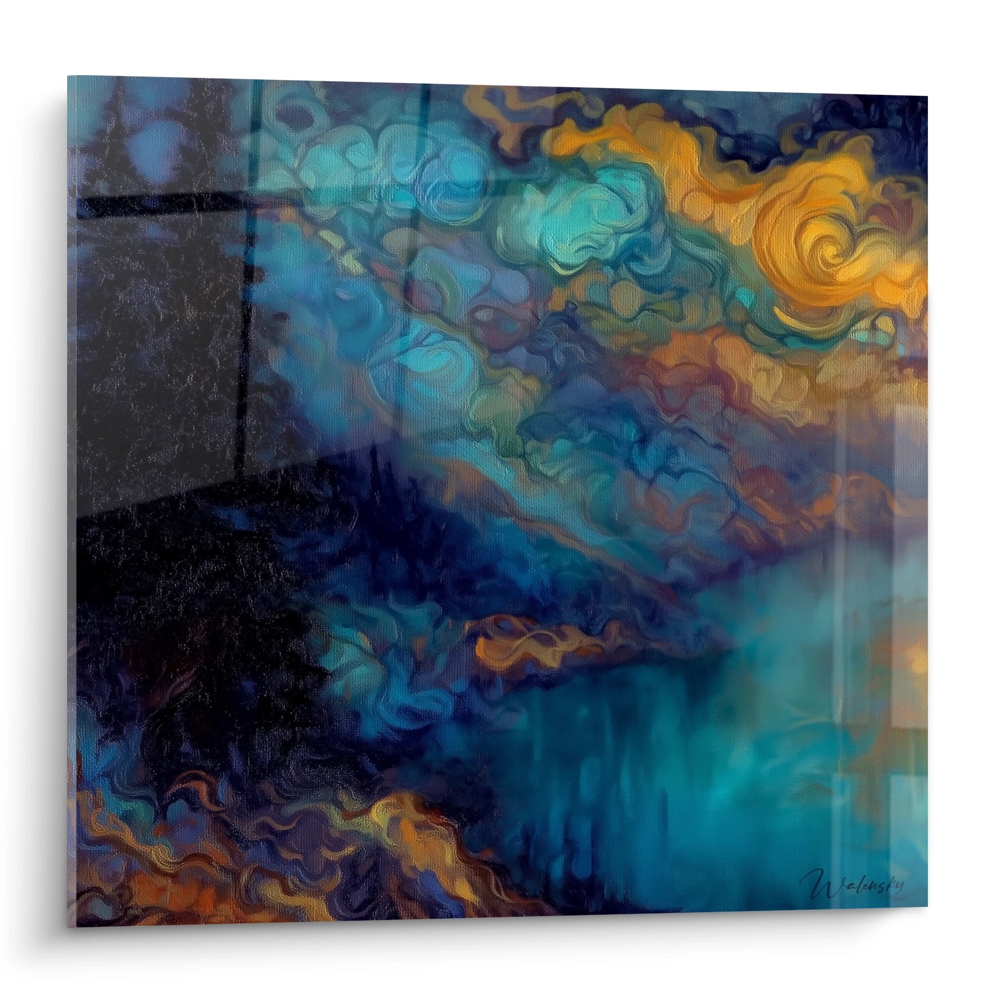 Tableau abstrait tempête colorée aux nuances bleues et dorées pour décoration murale moderne