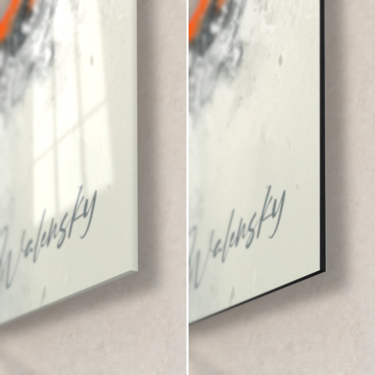 Gemälde Splitter in Orange und Schwarz, untere rechte Ecke: glänzendes Acrylglas links, mattes Dibond-Aluminium rechts, 3 mm Kante