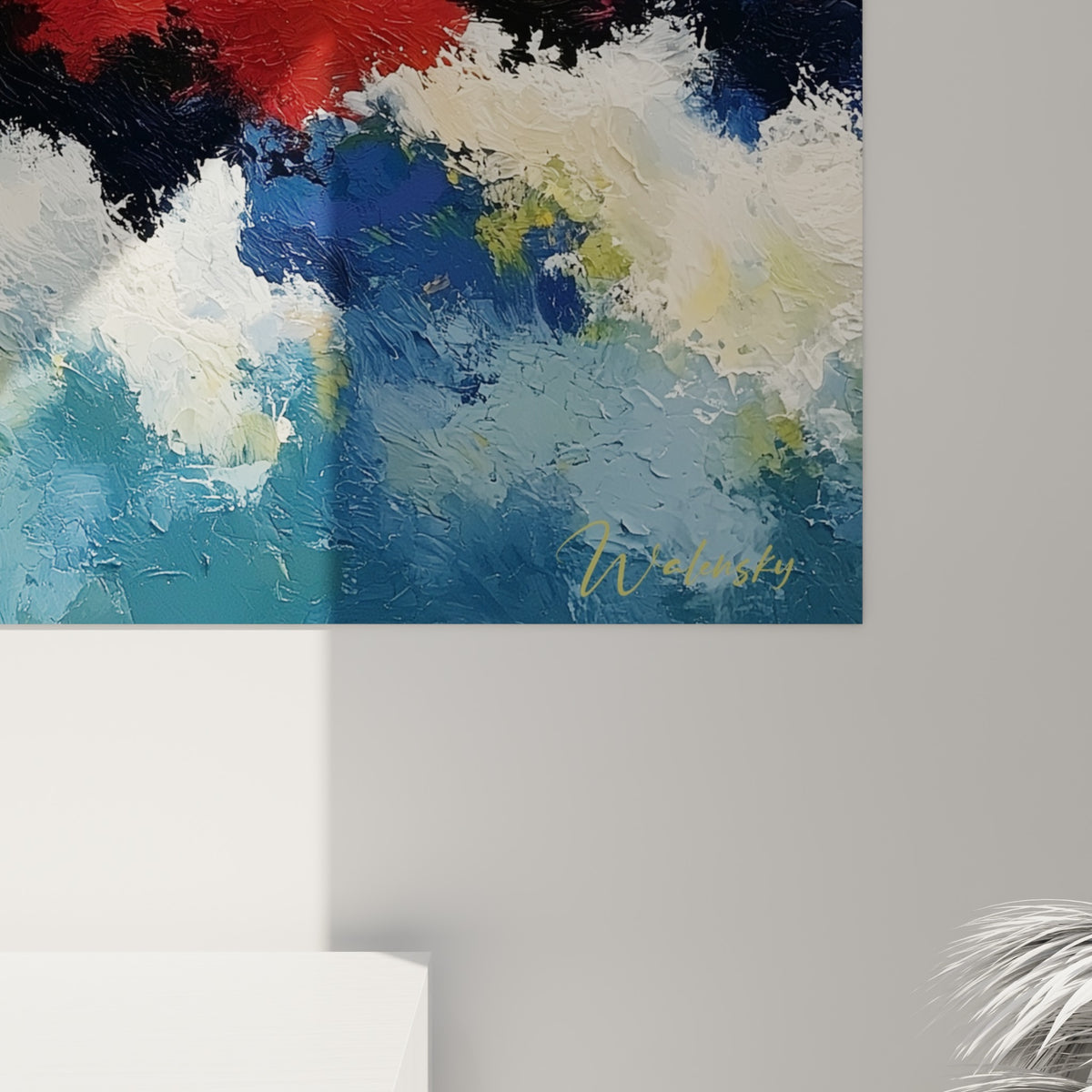 Matière épaisse à la spatule mêlant jaune doré, blanc et bleu ardoise, coulures visibles sur la surface peinte