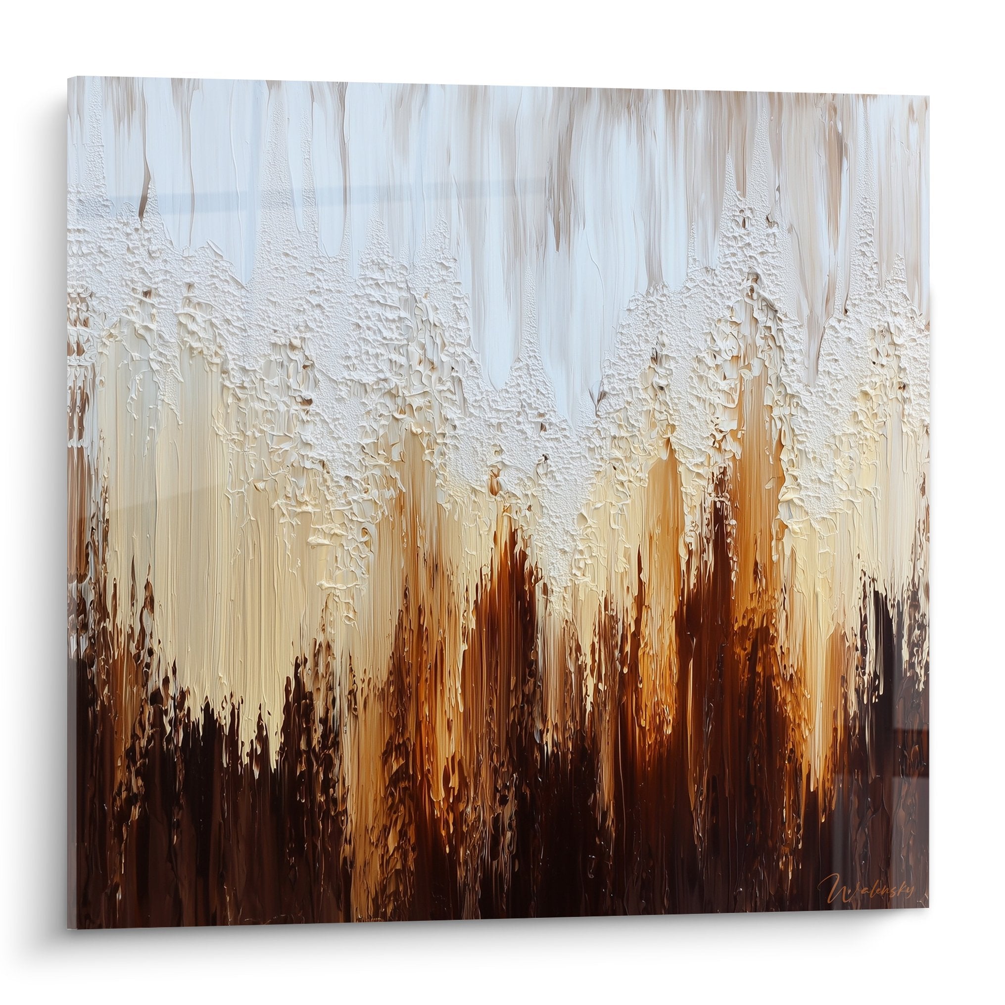 Textured abstract painting with burnt earth tones and white, thick contemporary feng shui earth center relief style