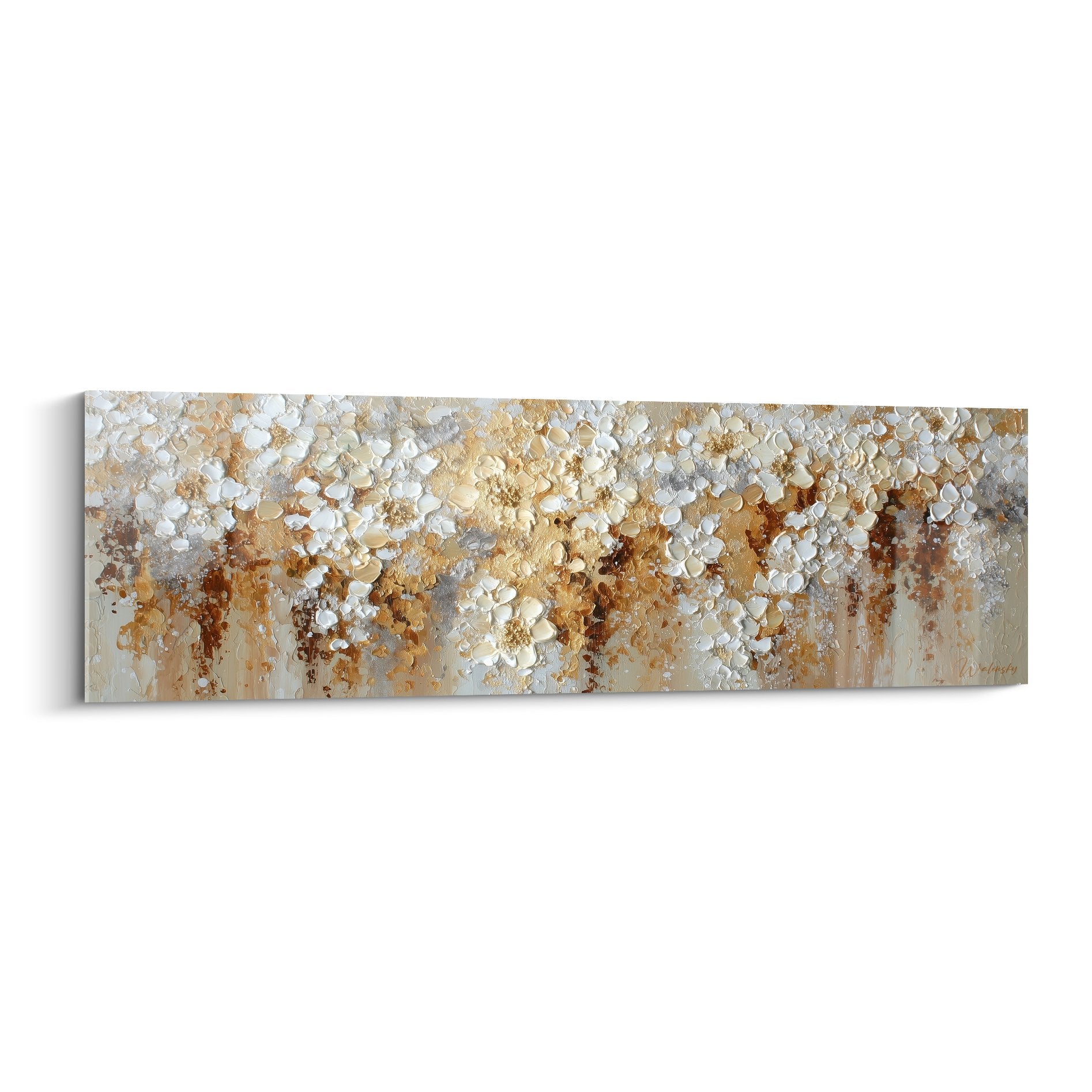 Tableau abstrait aux textures dorées et fragments nacrés blancs feng shui centre terre