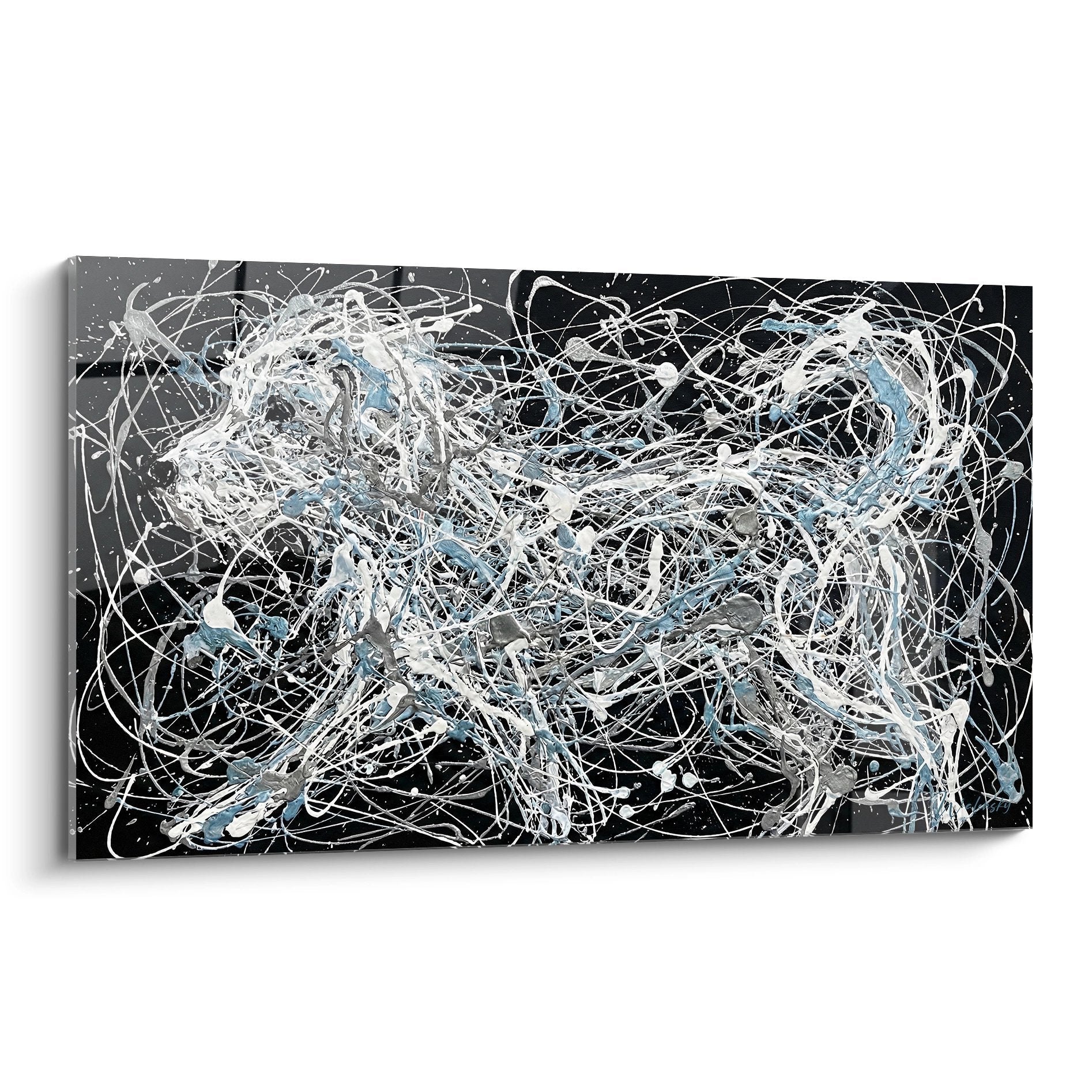 abstract painting white blue splashes black background glacier torrent mountain pyrenees contemporary art