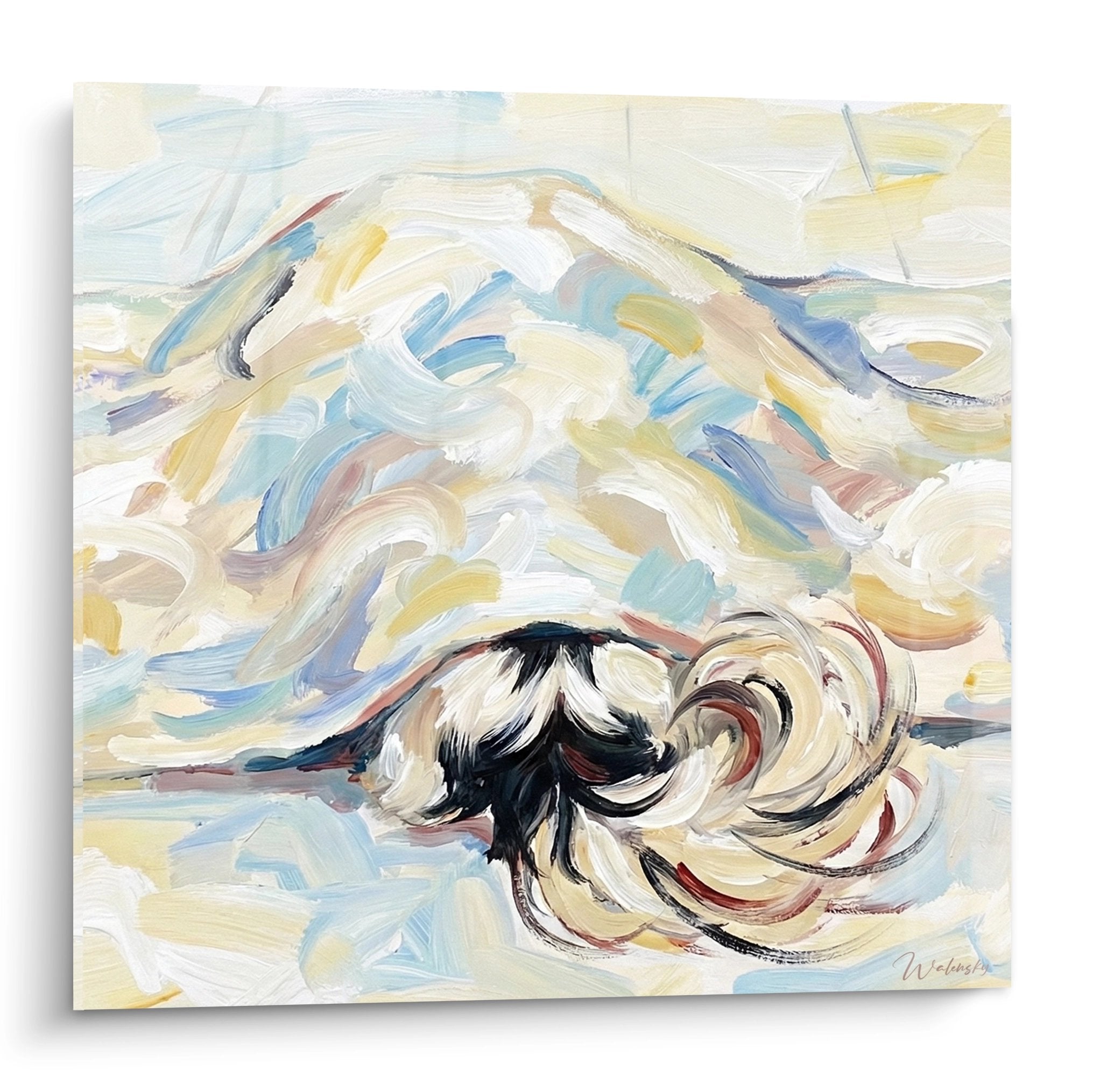 tableau abstrait tourbillon blanc bleu touches dorees mouvement fluide epagneul japonais