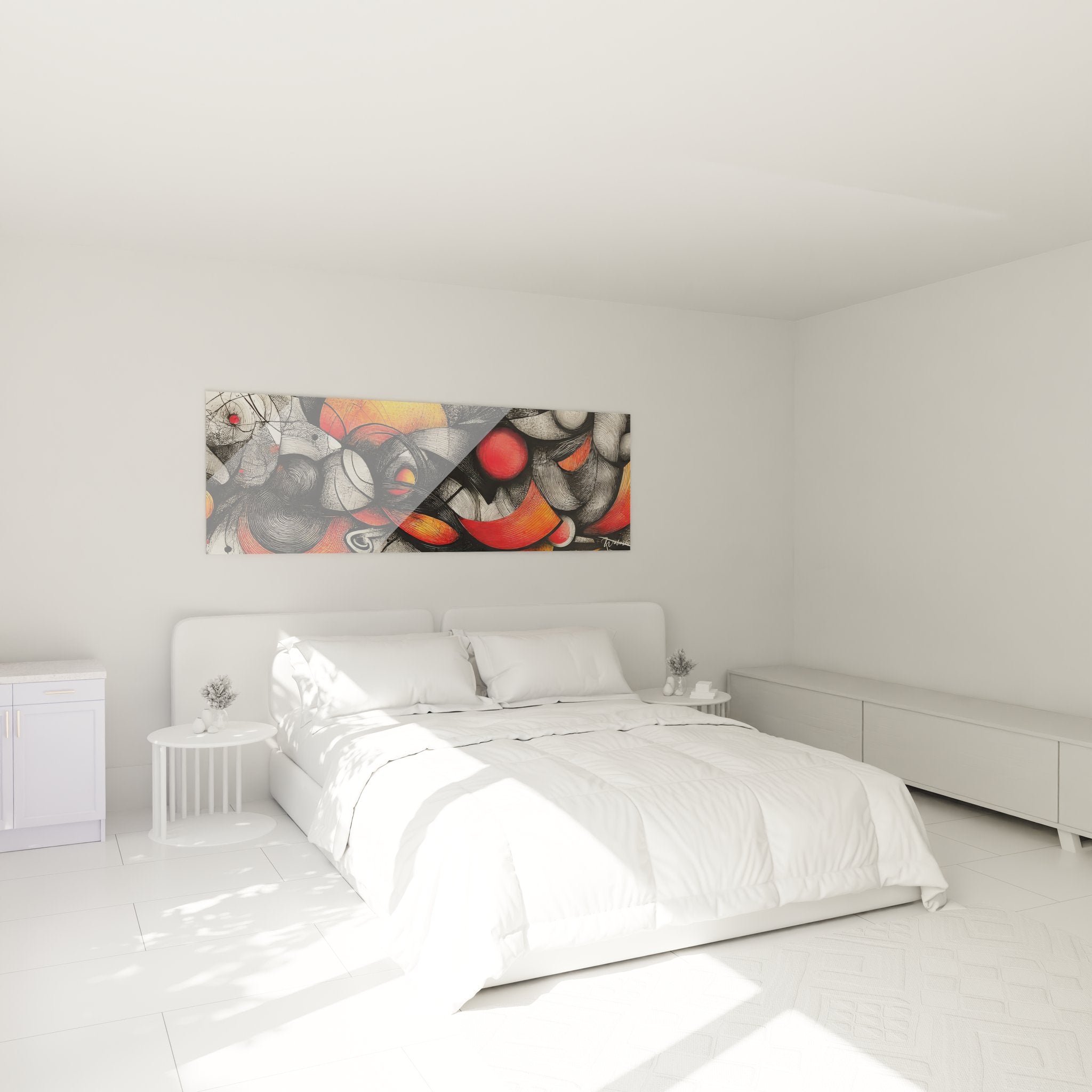 Tableau mural abstrait tourbillon décoratif dans chambre moderne, art dessin rouge orange ambiance cosy
