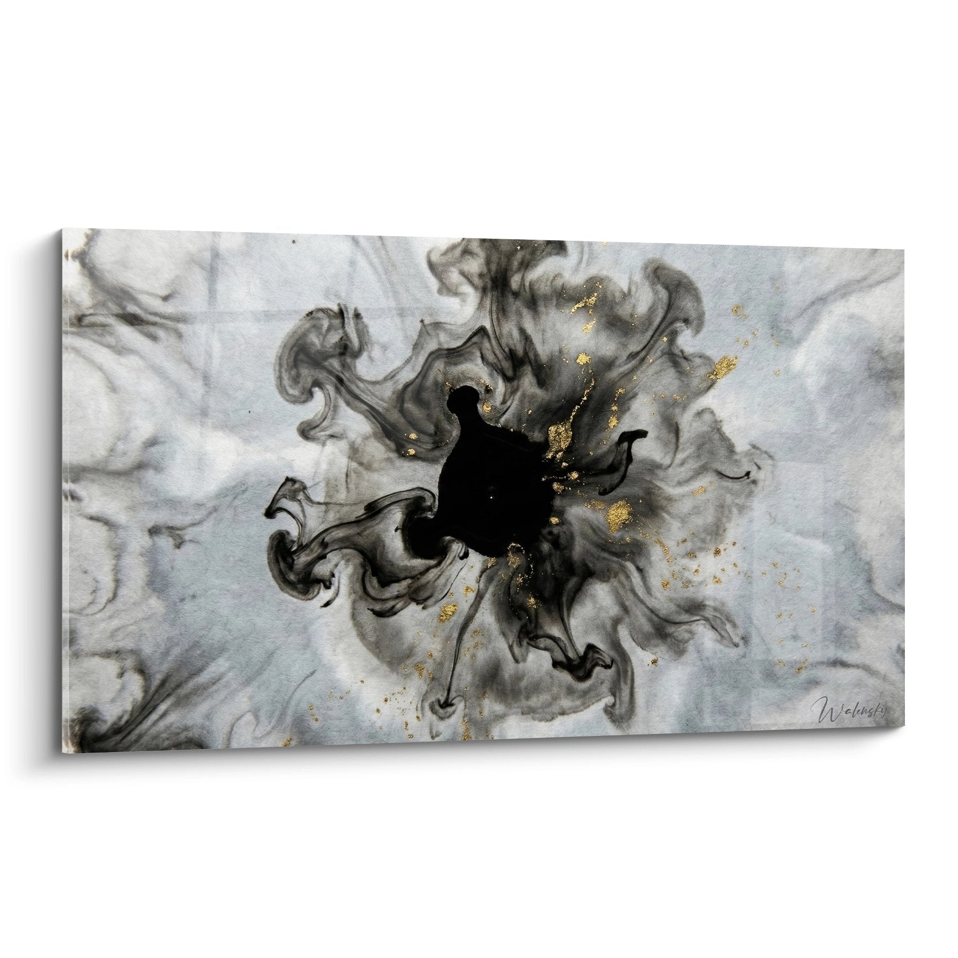 Tableau abstrait tourbillon noir et gris avec touches dorées sur fond blanc style japandi contemporain