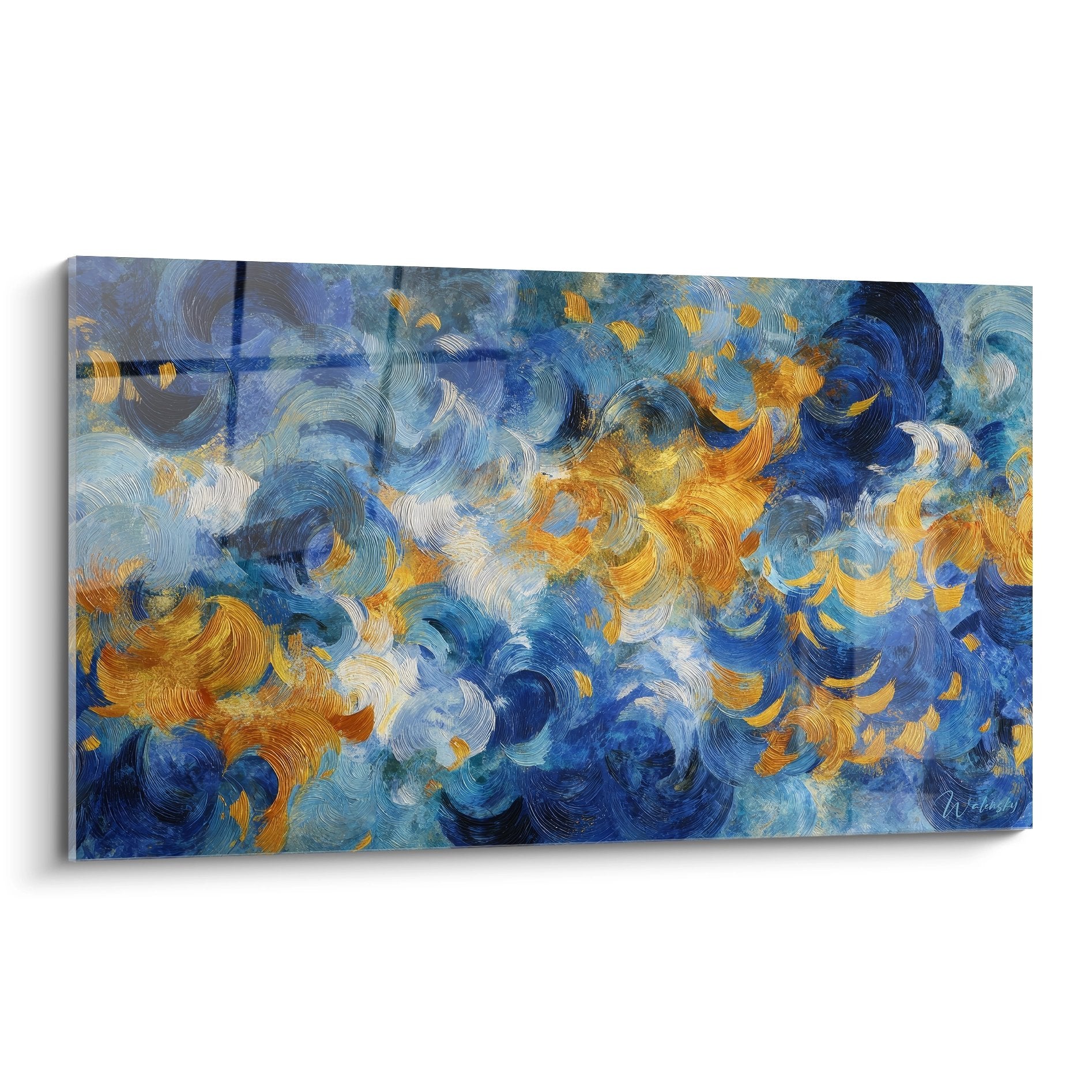 Tableau abstrait moderne aux tourbillons bleus et dorés pour décoration murale contemporaine