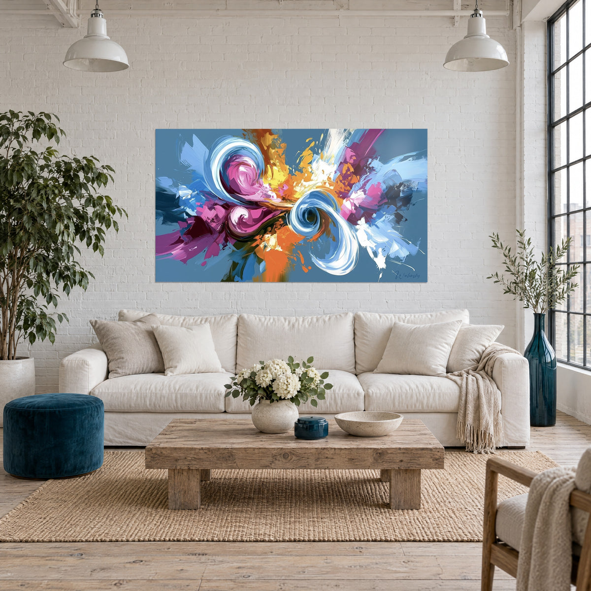 Tableau spirales blanches et bleu ciel sur fond bleu acier, éclats orange et rose, au-dessus d'un canapé dans un salon lumineux