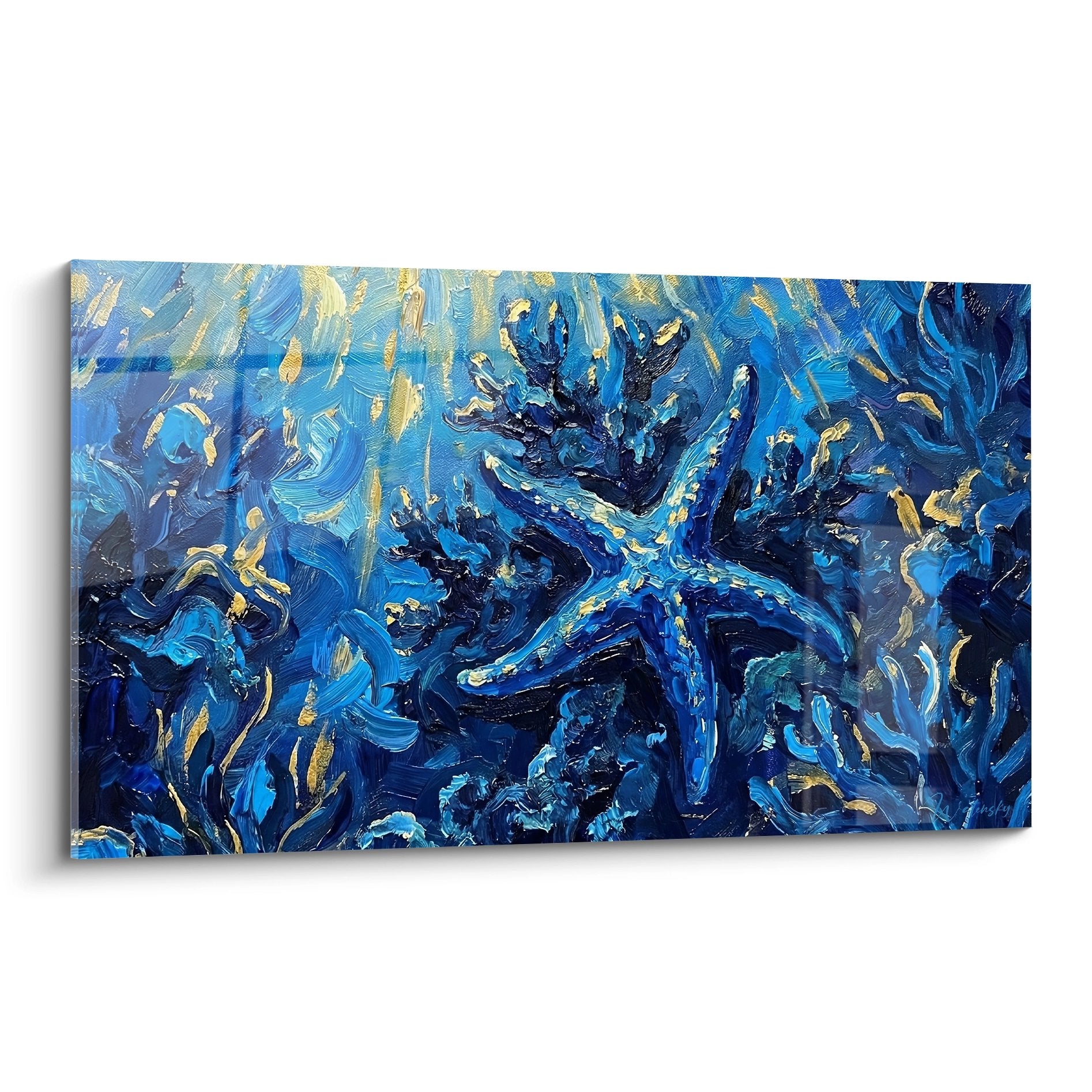 Abstraktes Gemälde mit expressionistischen blauen und goldenen Wirbeln, die Meeresgrund evozieren, Seestern-Edition