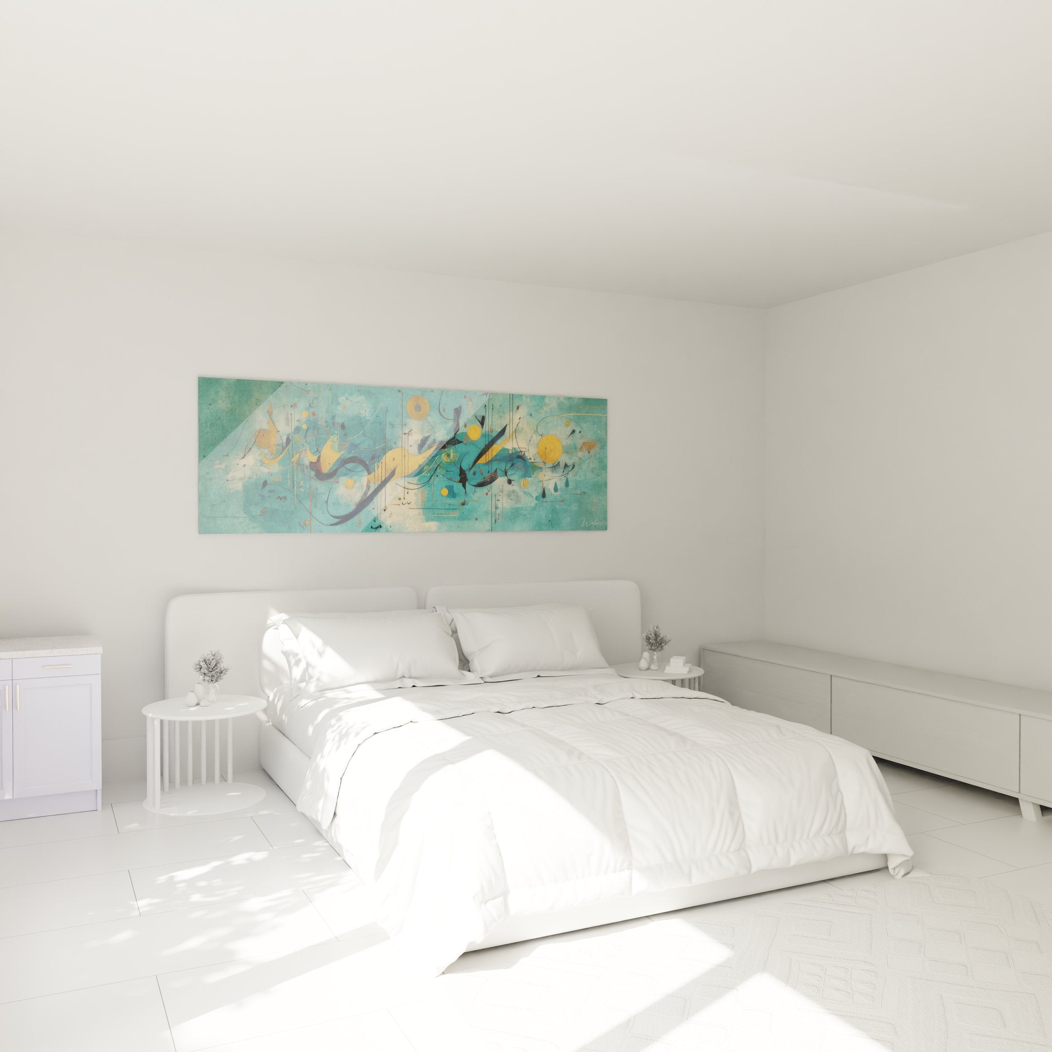 Tableau abstrait turquoise dans chambre moderne, décoration murale contemporaine élégante