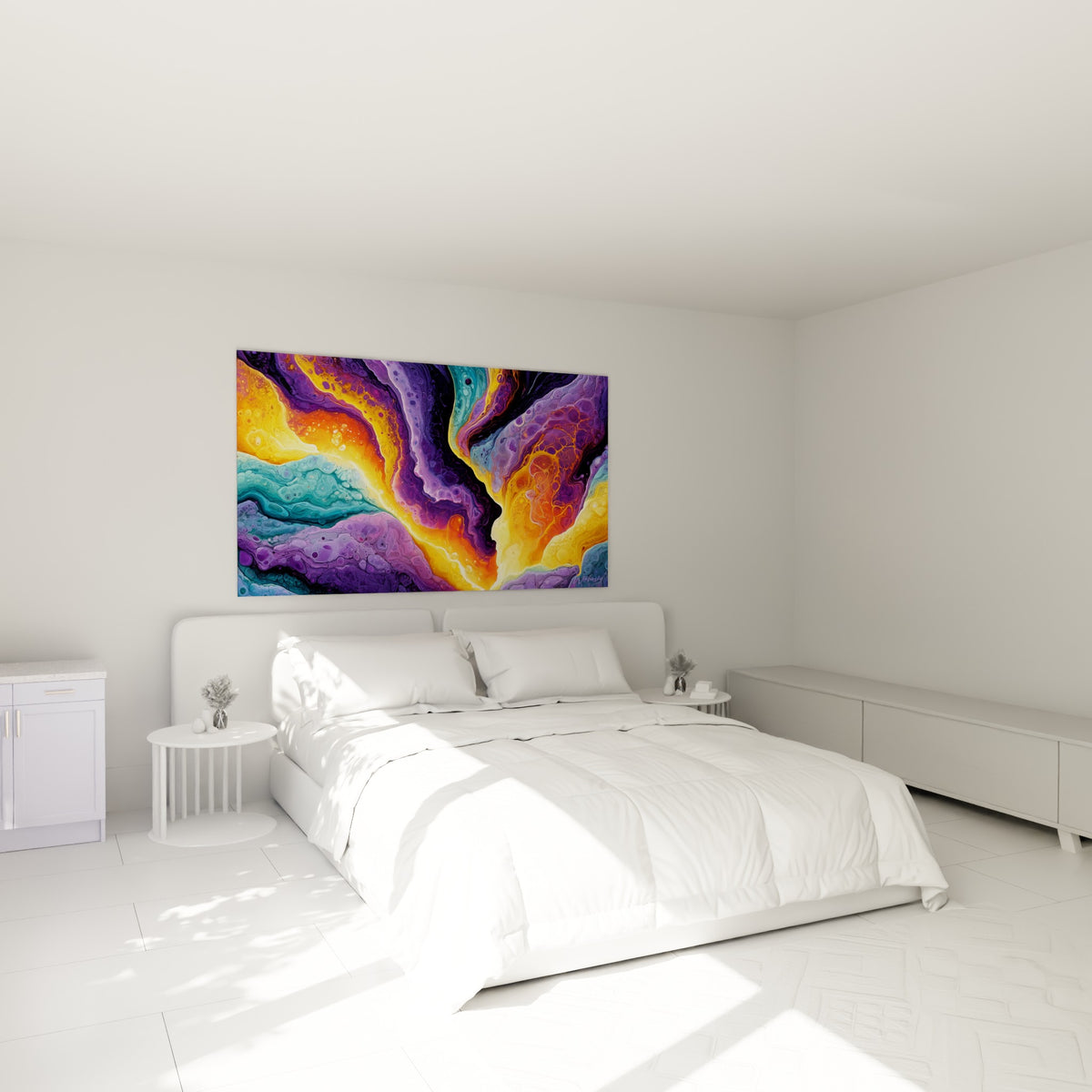 Formes violettes et dorées en fusion, tableau style Peinture abstrait au-dessus d'un lit dans une chambre claire