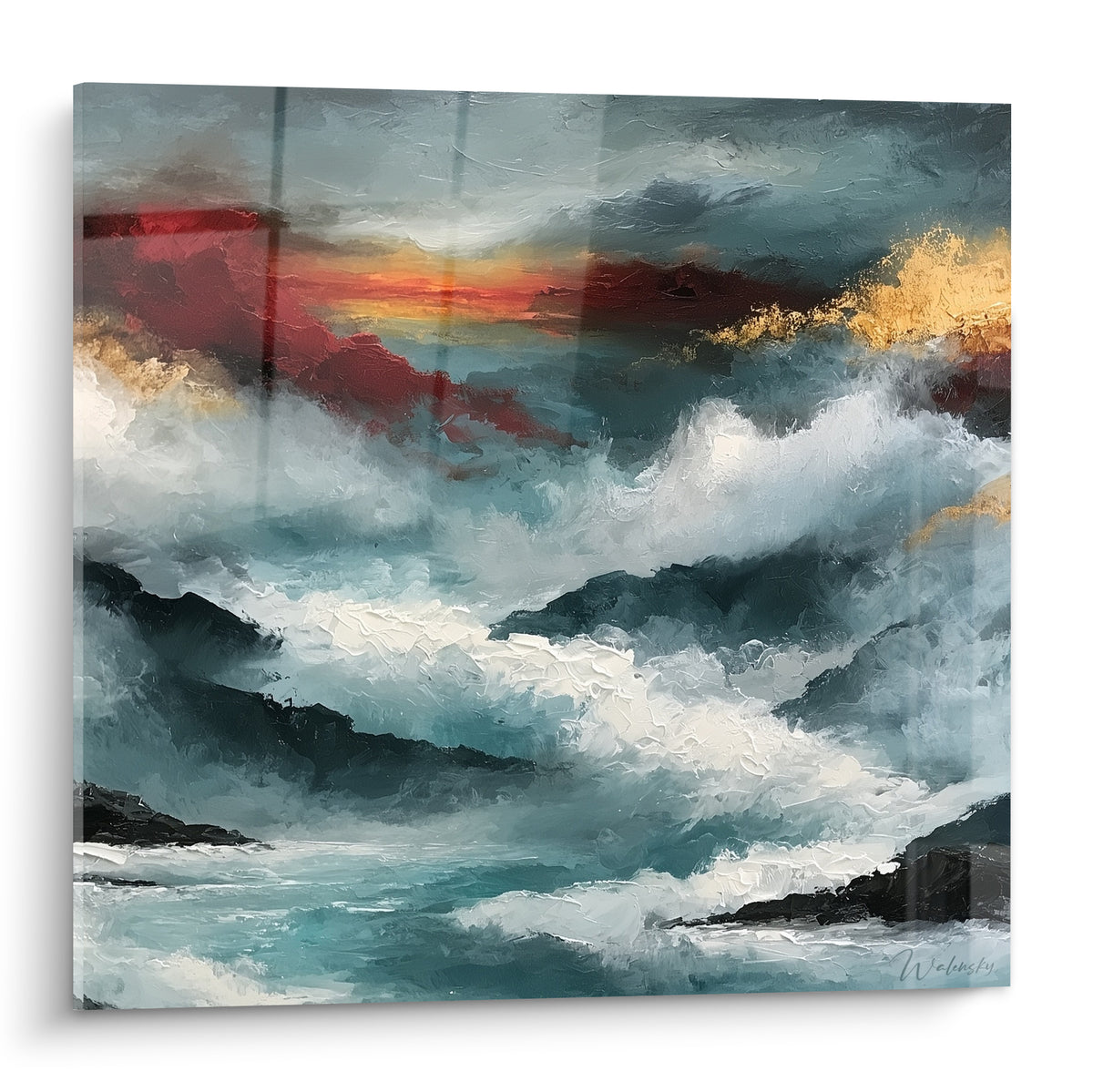 Vague océanique bleu sarcelle et rouge feu figée en plein mouvement, style Peinture abstrait aux touches dorées