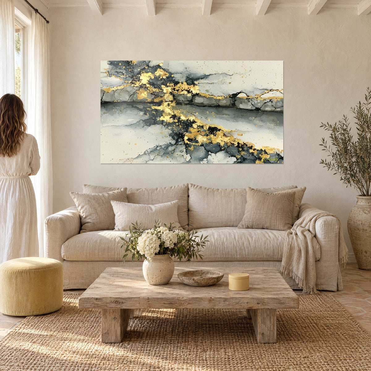 Wall art Golden fault line streaking through anthracite and ivory marbling, woman seen from behind, above a sofa in a bright living room