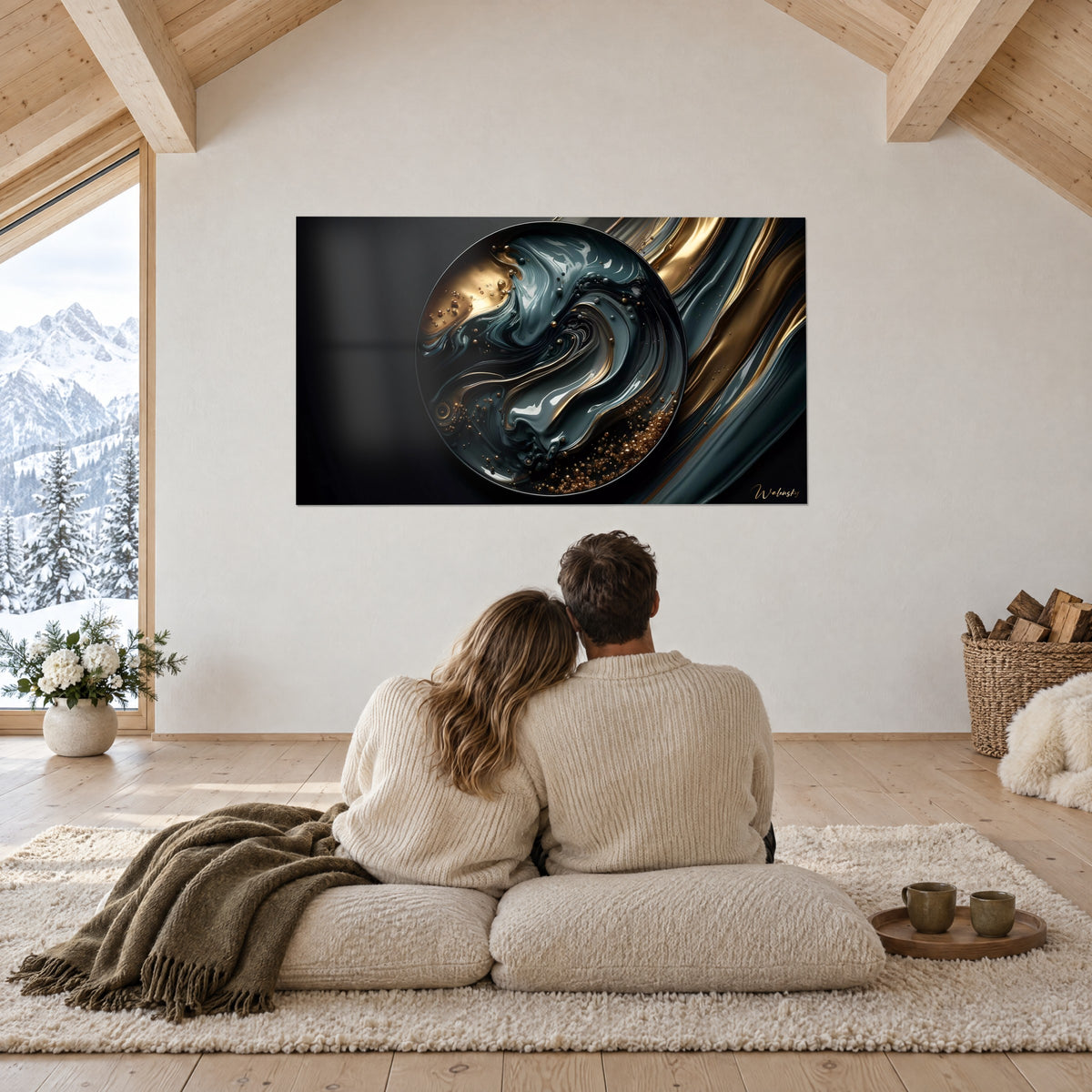 Wall art copper and anthracite liquid vortex, gold droplets on black background, facing a couple settled on the floor of a chalet