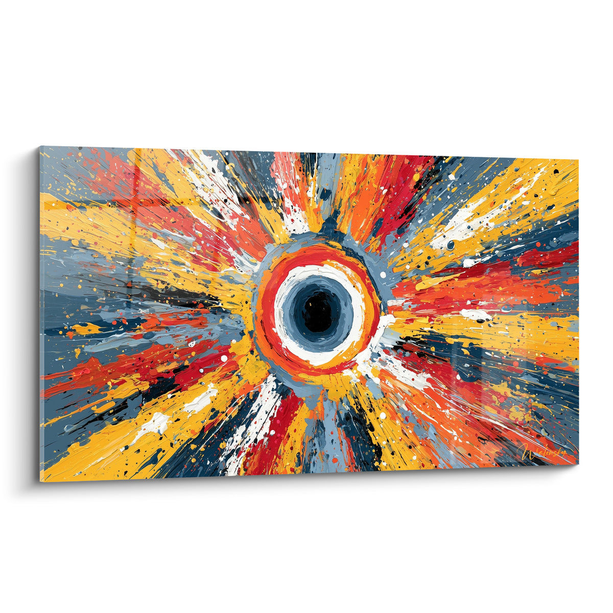 Vortex noir cerclé d'orange, rayons jaune moutarde et bleu ardoise, tableau style Peinture abstrait plein cadre