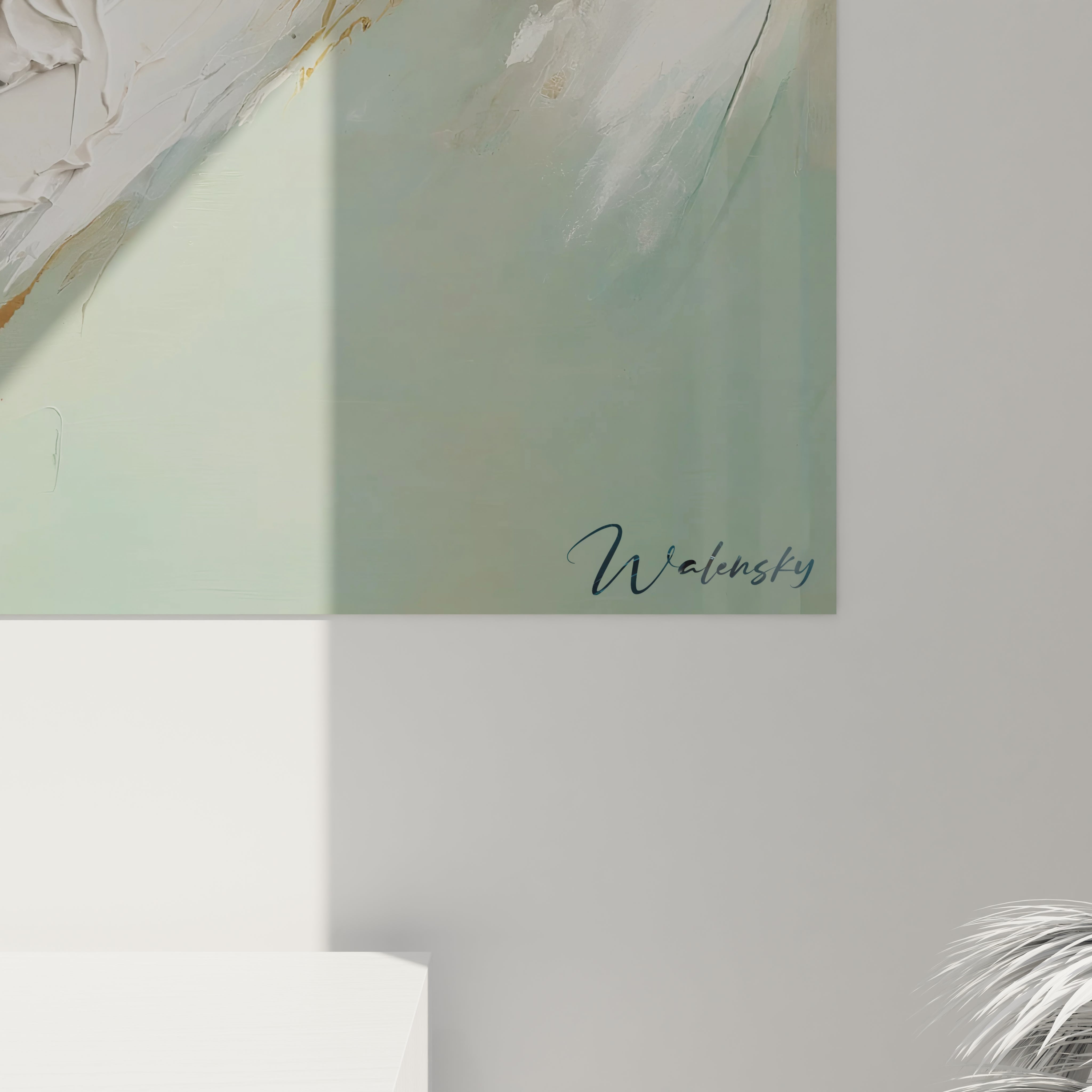 Tableau abstrait composé de touches épaisses de peinture en teintes aigue-marine, or et blanc ivoire. L'œuvre présente des strates irrégulières de matière en relief avec des zones lisses contrastant avec des sections rugueuses et texturées.