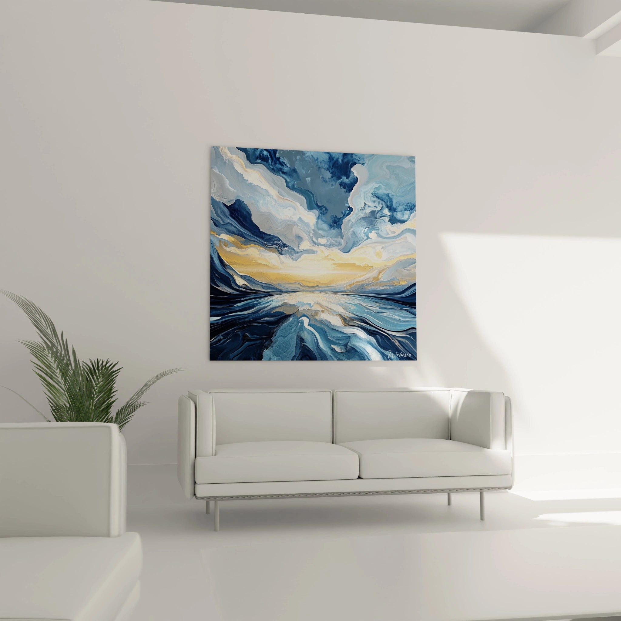 Un tableau mer contemplatif capturant l'instant où ciel et océan se rencontrent, dominé par diverses nuances de bleu entrecoupées d'éclaboussures blanches et de veines dorées, avec des effets de profondeur créés par des couches superposées de peinture fluide.