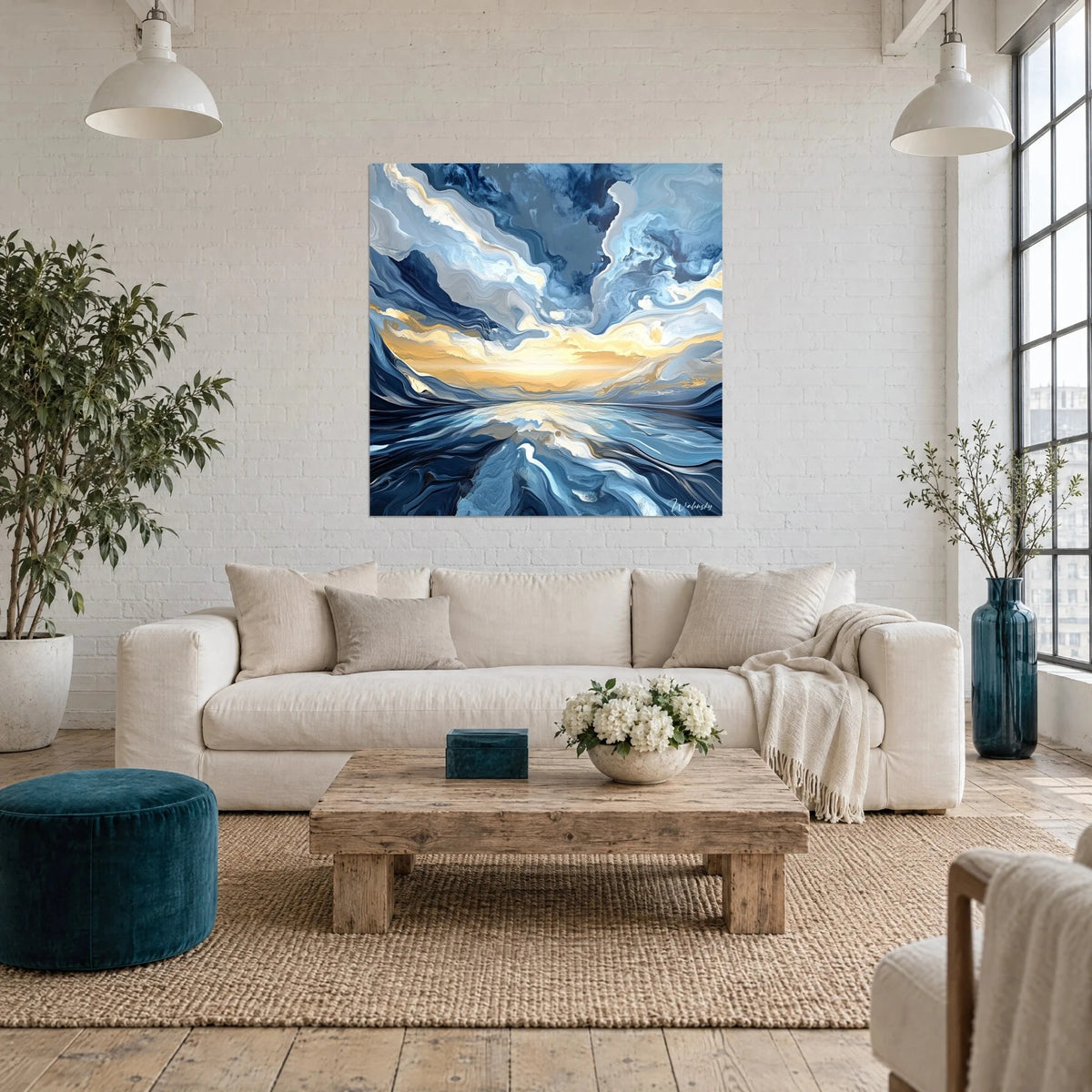 Wall art of a swirling storm sky in navy blue and golden yellow, reflected on the water, above a sofa in a bright living room