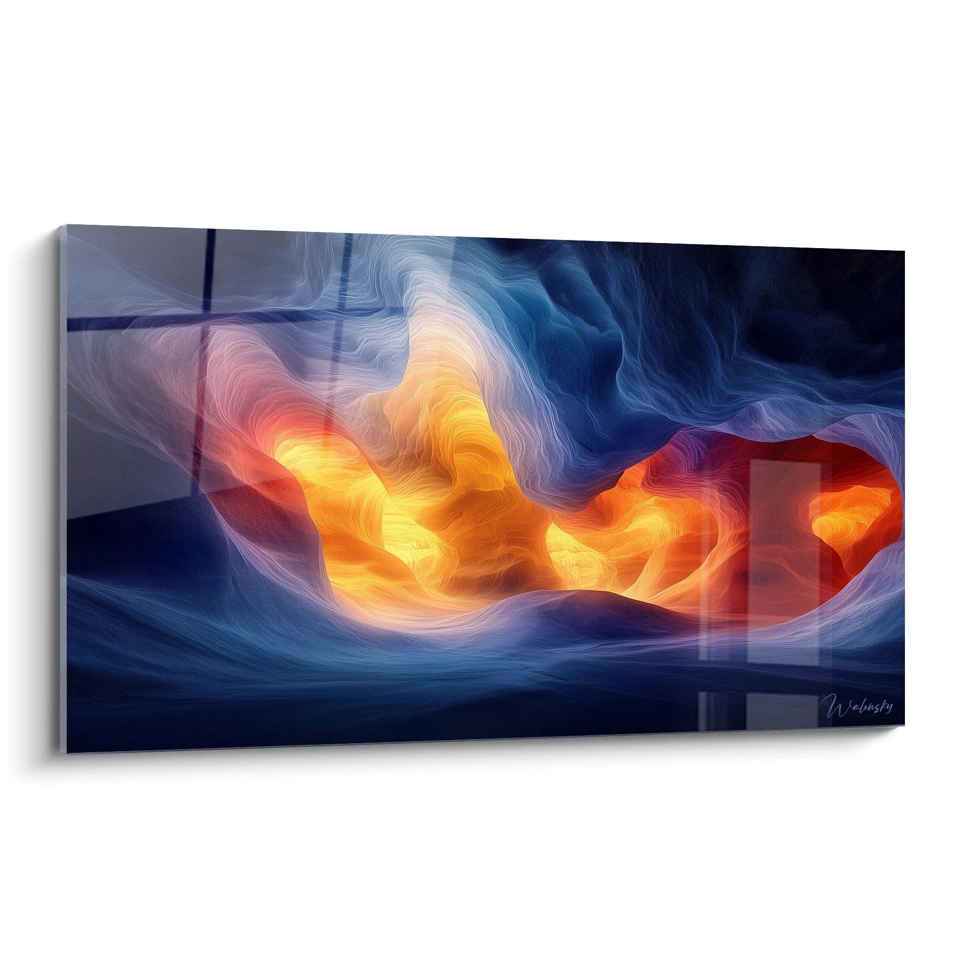 Un tableau aurore cosmique représentant des vagues lumineuses oranges et jaunes émergeant d'une grotte bleue profonde, avec des textures fluides ondulantes et des transitions douces entre les zones chaudes et froides.