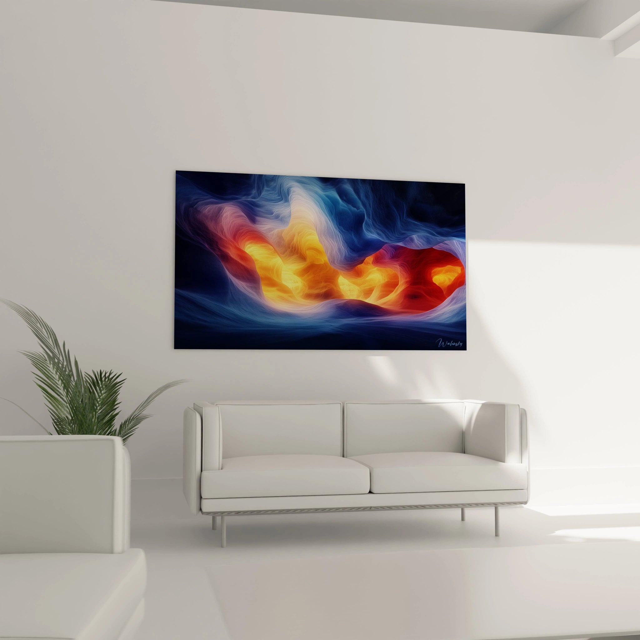 Un tableau flux éthéré présentant une composition fluide où des nuances d'orange incandescent et de jaune solaire surgissent d'un environnement bleu profond, avec des formes ondoyantes rappelant à la fois des formations naturelles et des phénomènes cosmiques.