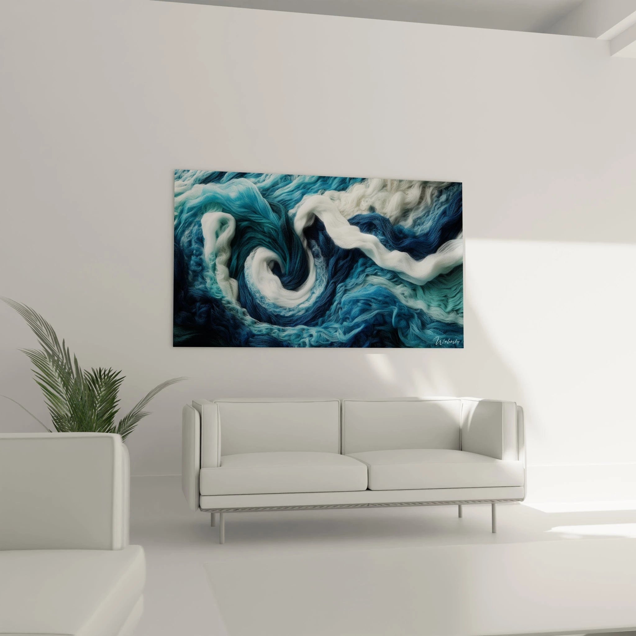 Un tableau océanique montrant des courants tourbillonnants de fibres bleues et blanches. Les textures ondulantes créent une impression de fluidité perpétuelle, avec des spirales centrales hypnotiques. Les nuances varient du bleu marine au turquoise clair avec des touches d'écume blanche.