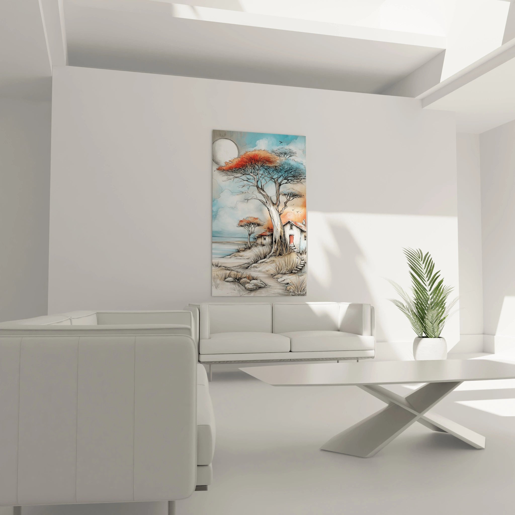 Tableau mural paysage africain moderne avec des arbres et un ciel bleu, idéal pour la décoration intérieure