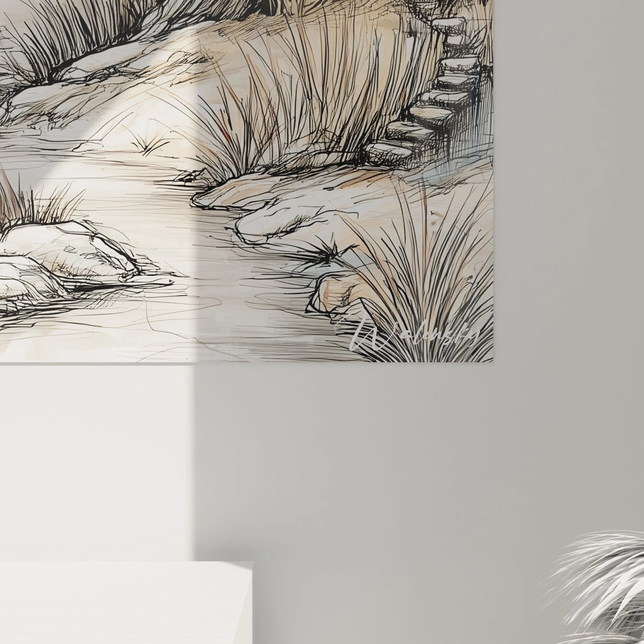 Tableau mural paysage africain moderne avec des éléments naturels et des sentiers artistiquement dessinés