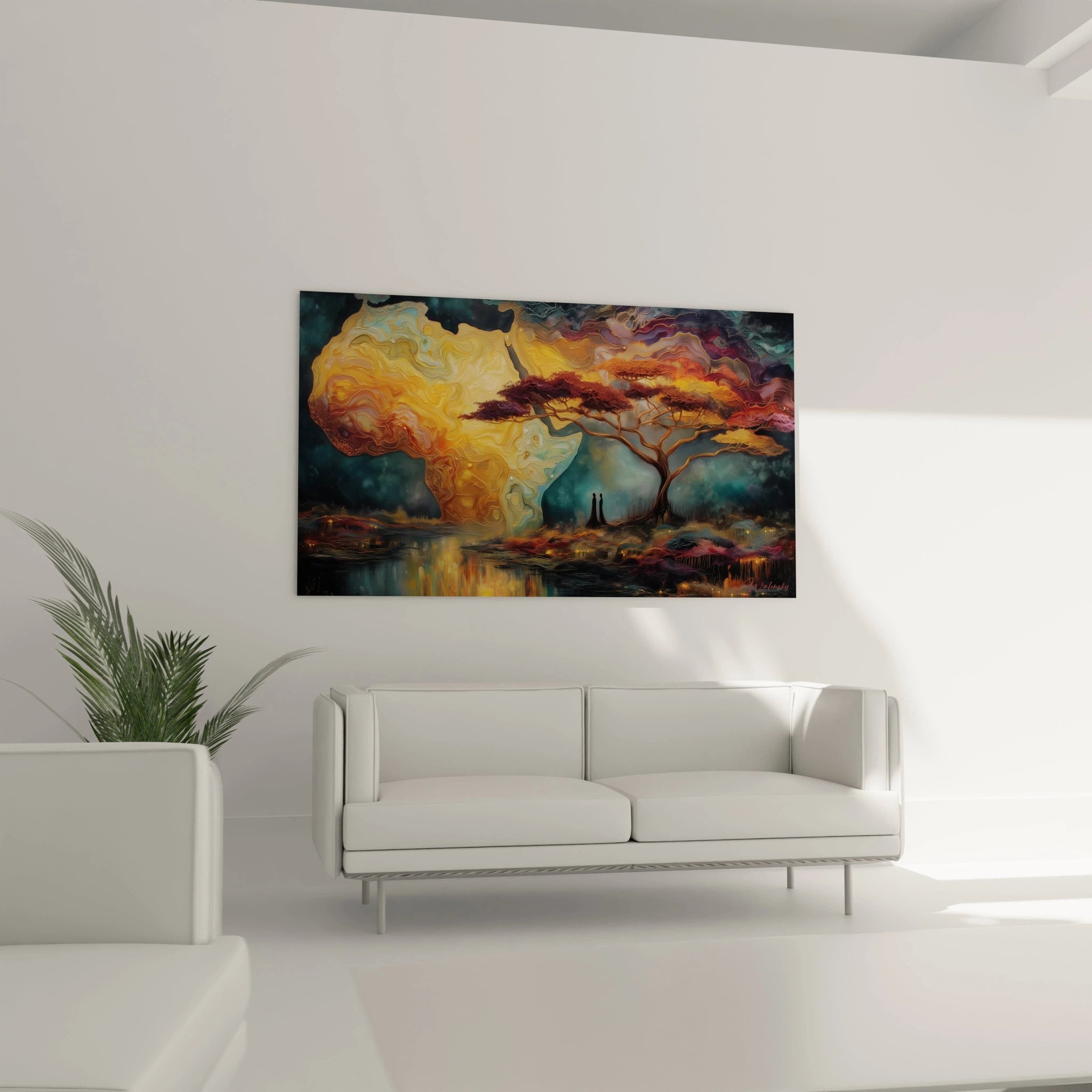 Tableau africain paysage vibrant avec un arbre et une silhouette sur fond coloré de l'Afrique