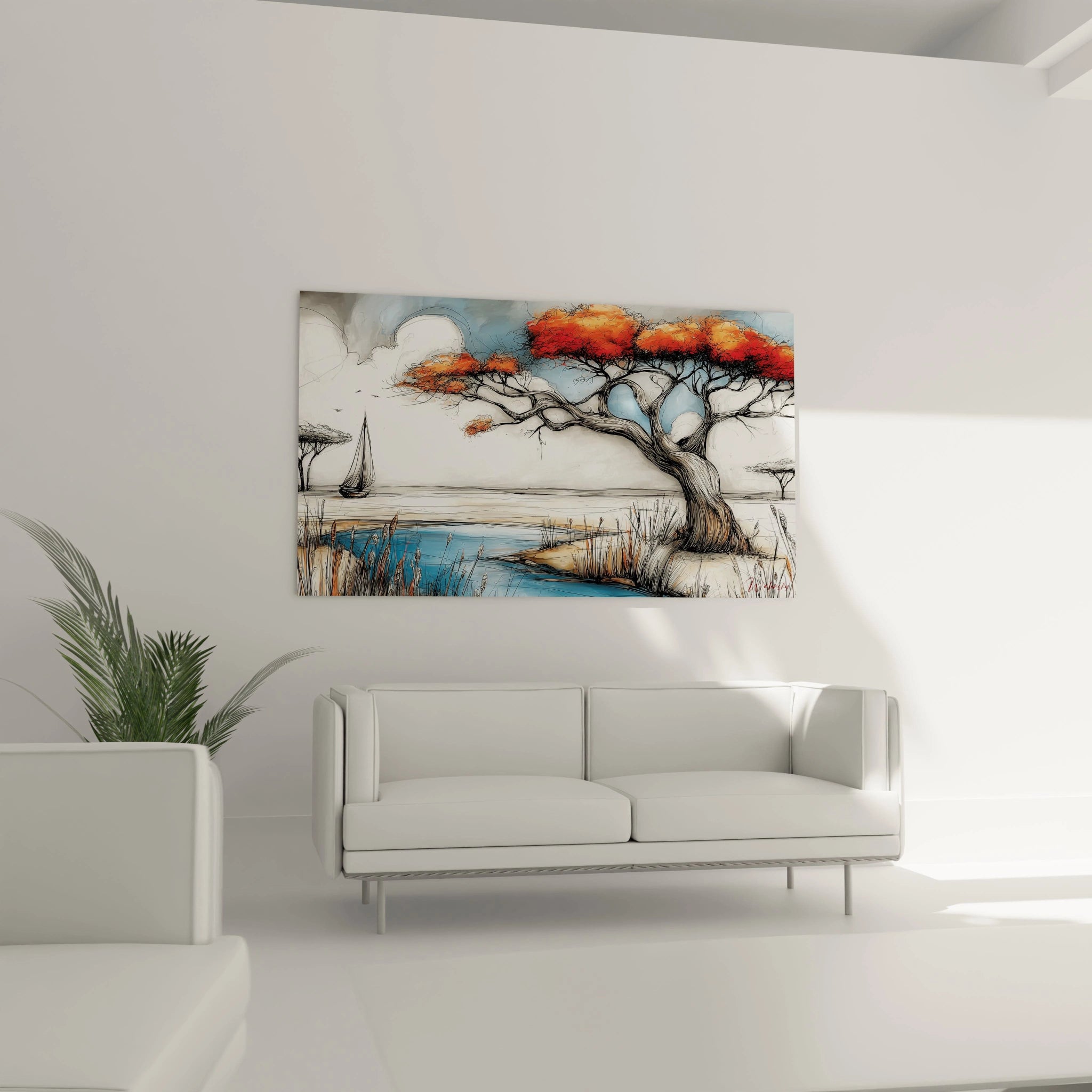 Tableau mural paysage africain moderne avec un arbre rouge et un voilier sur un fond naturel