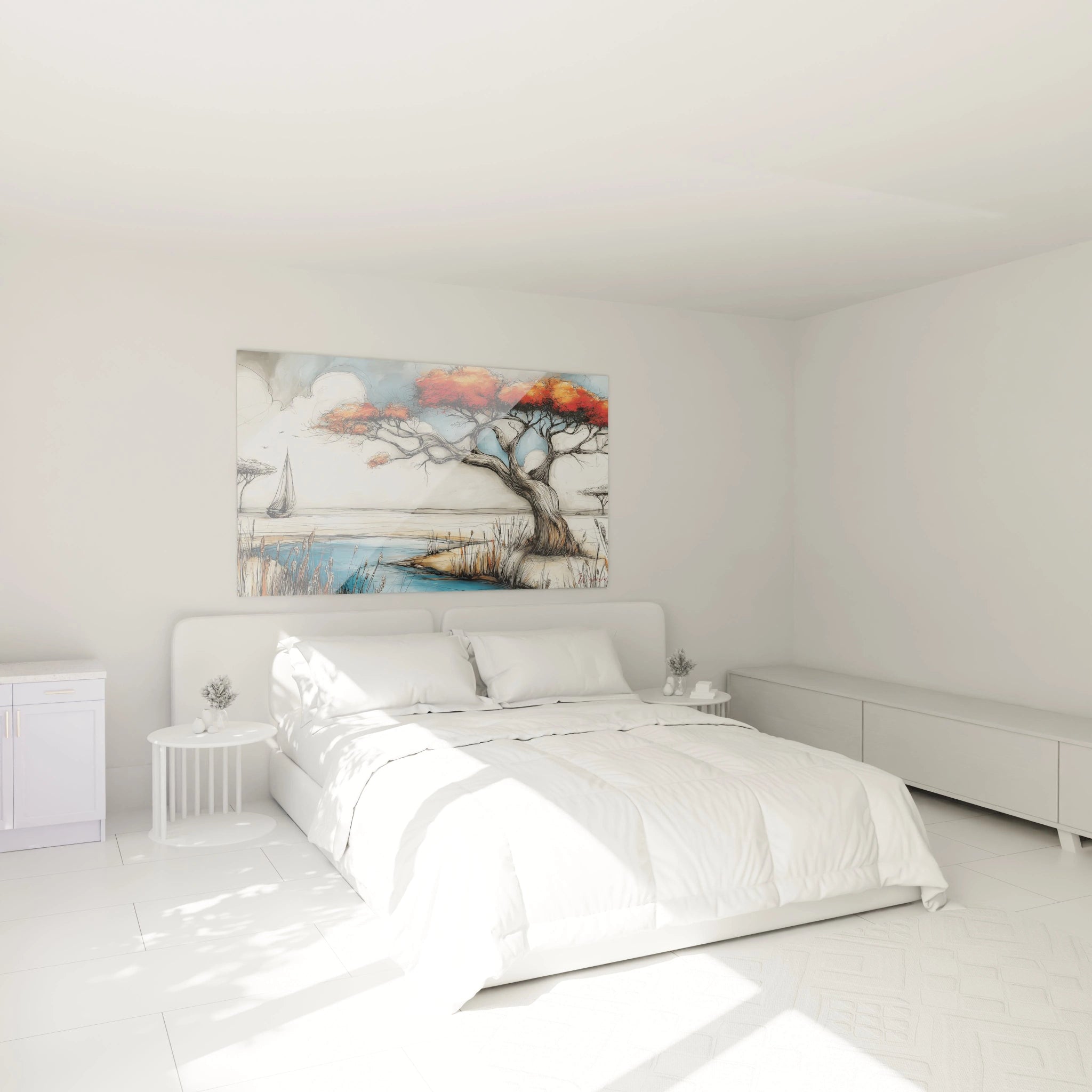 Tableau mural paysage africain moderne avec arbres et voile, décorant une chambre contemporaines