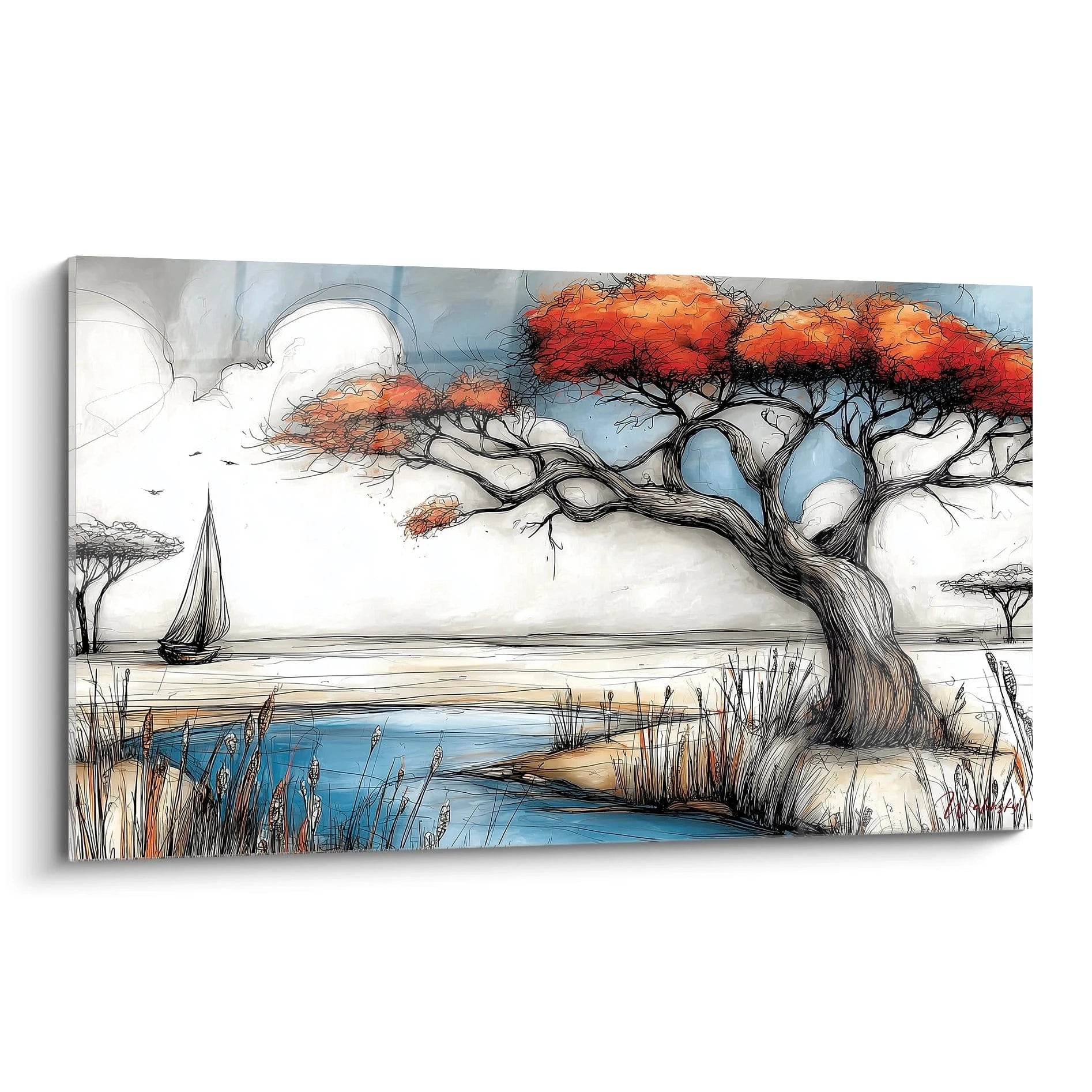 Tableau paysage africain moderne avec un arbre coloré et un voilier sur un lac paisible