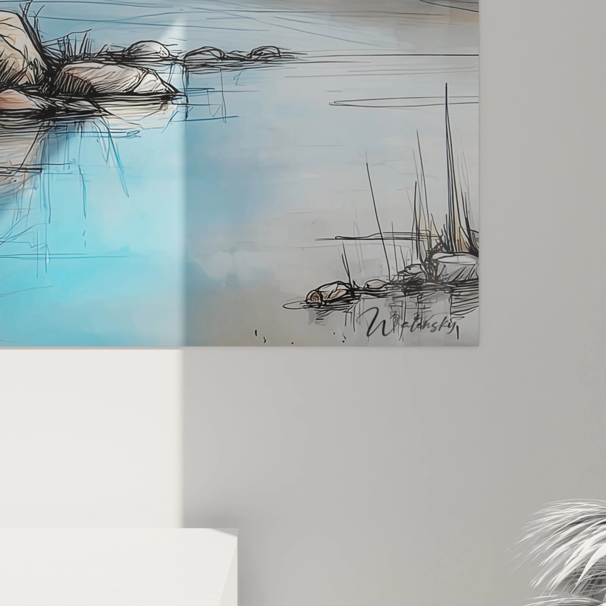 Tableau mural paysage africain acacia avec des rochers au bord de l'eau calme