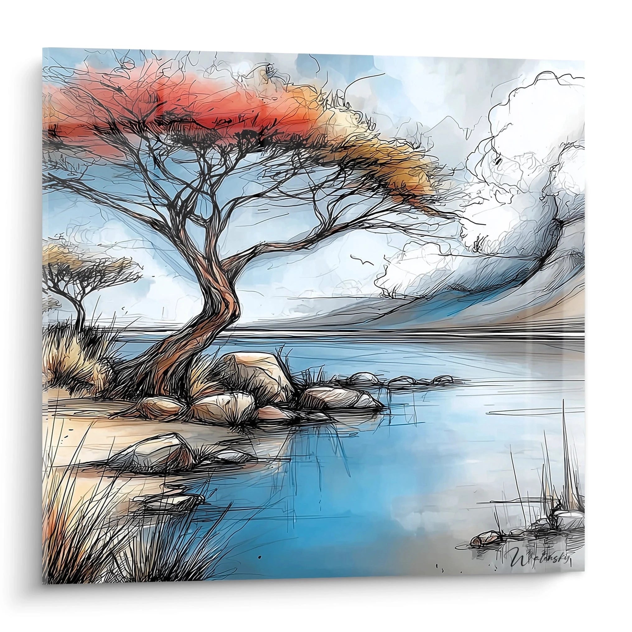 Tableau paysage africain acacia avec un arbre coloré et un lac calme sous un ciel nuageux